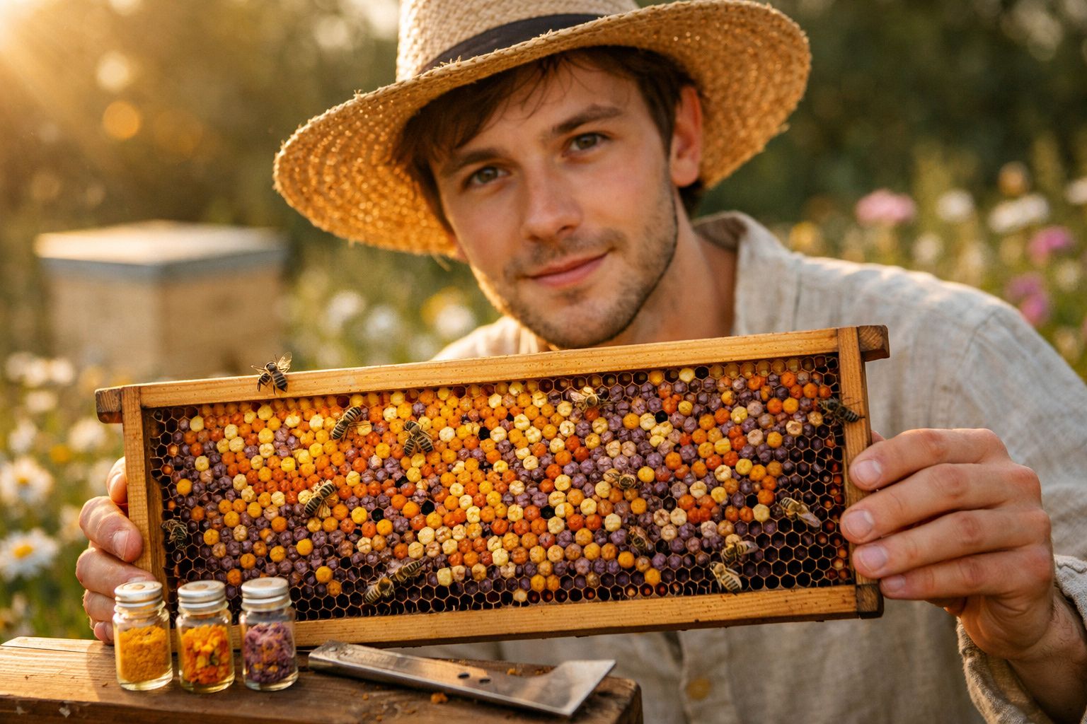 Apicultor segurando um quadro com colmeia colorida e abelhas em ambiente de campo ensolarado.