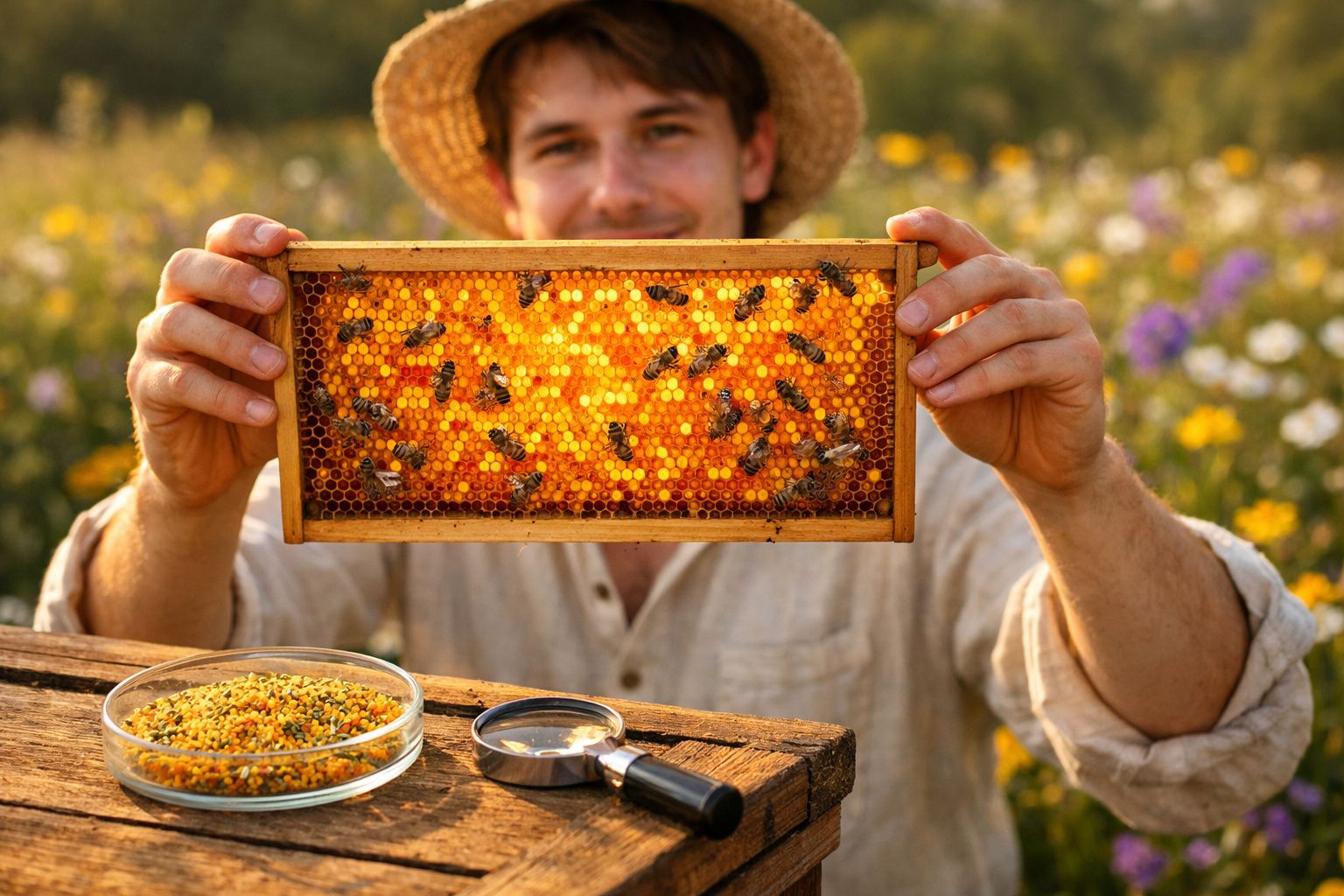 Homem com chapéu segura quadro de colmeia com abelhas em campo florido ao amanhecer.