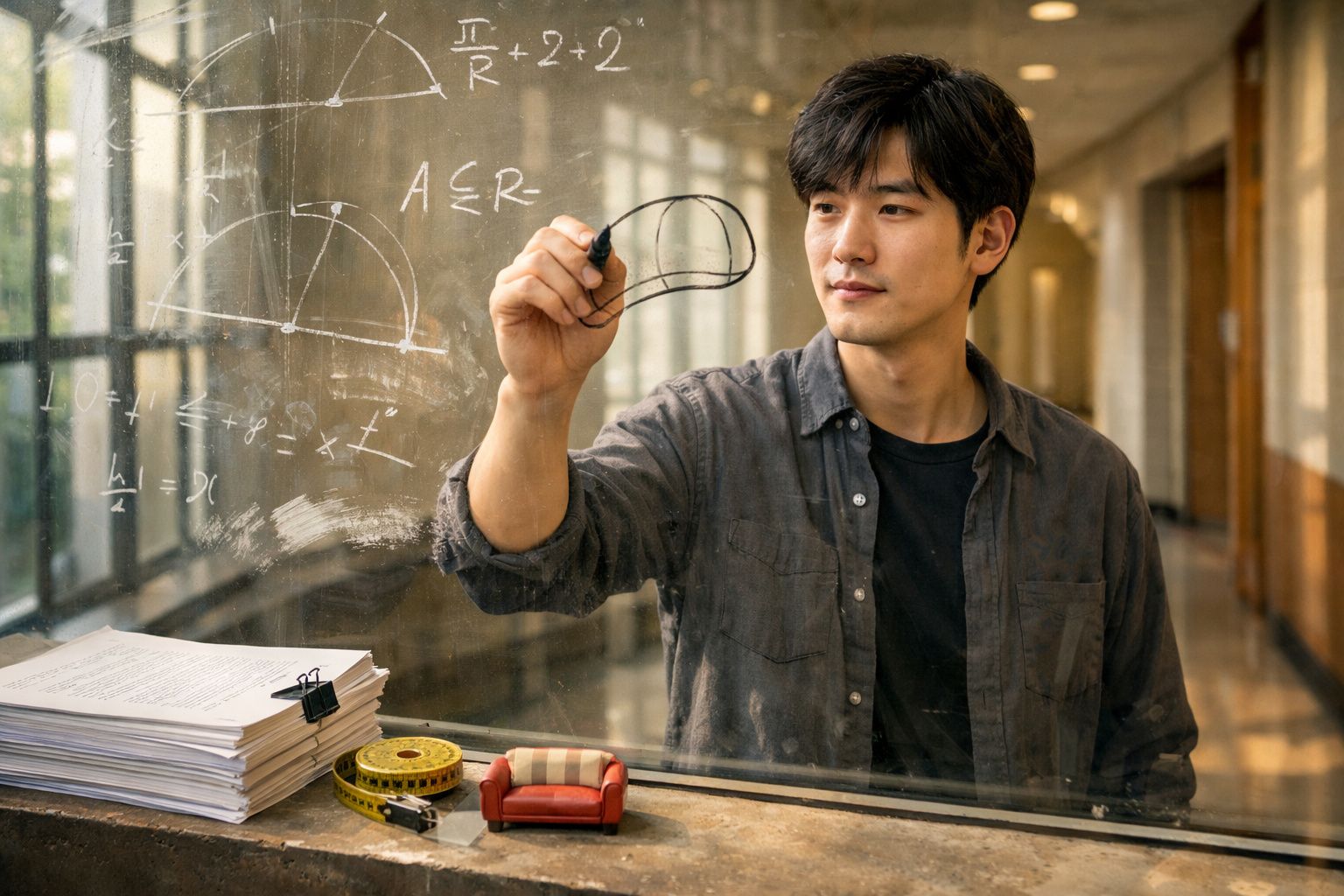 Jovem escrevendo fórmulas matemáticas em vidro transparente dentro de corredor escolar iluminado.