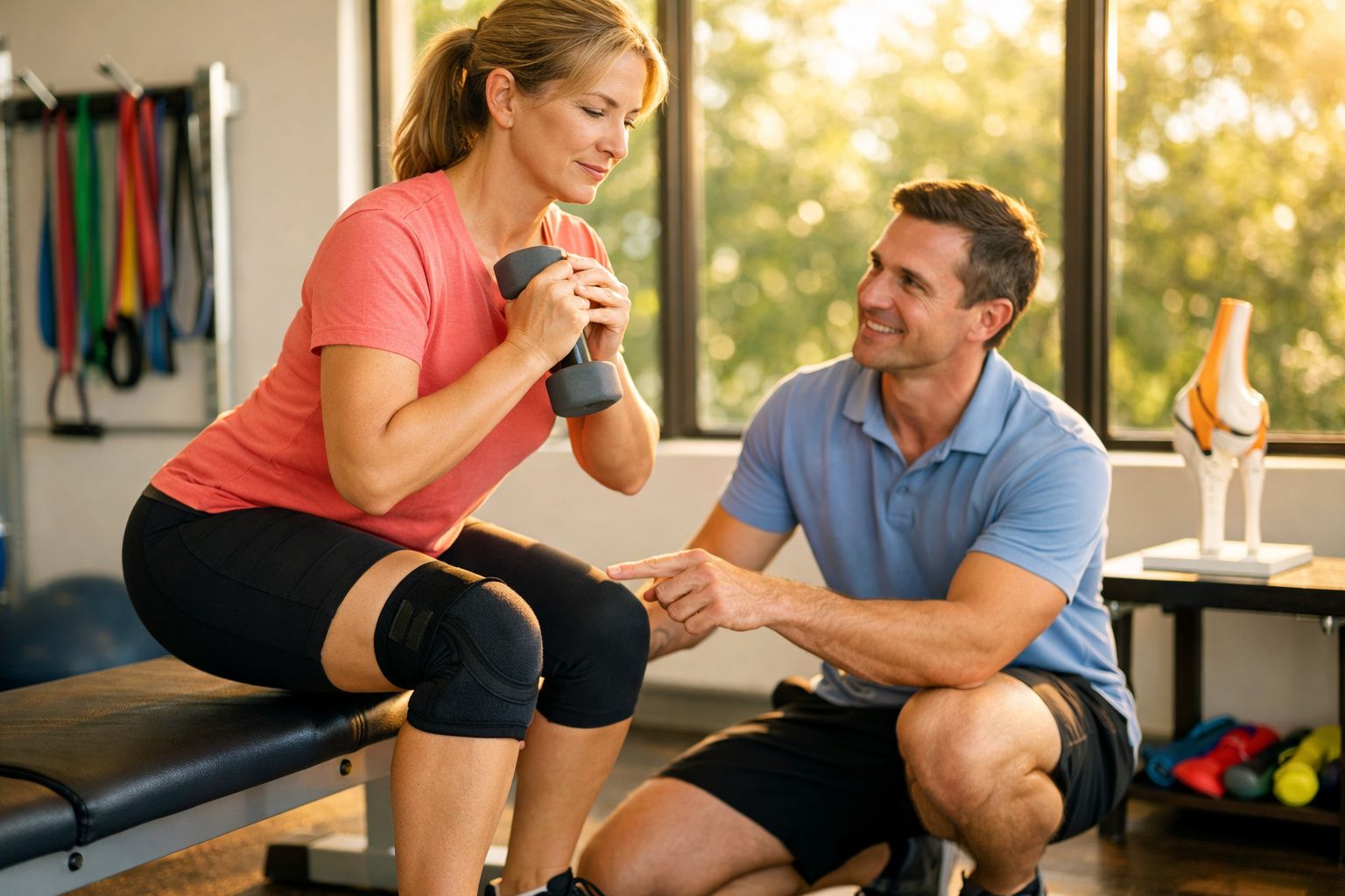 Mulher com joelheira faz exercício com haltere enquanto treinador aponta para seu joelho em clínica de fisioterapia.