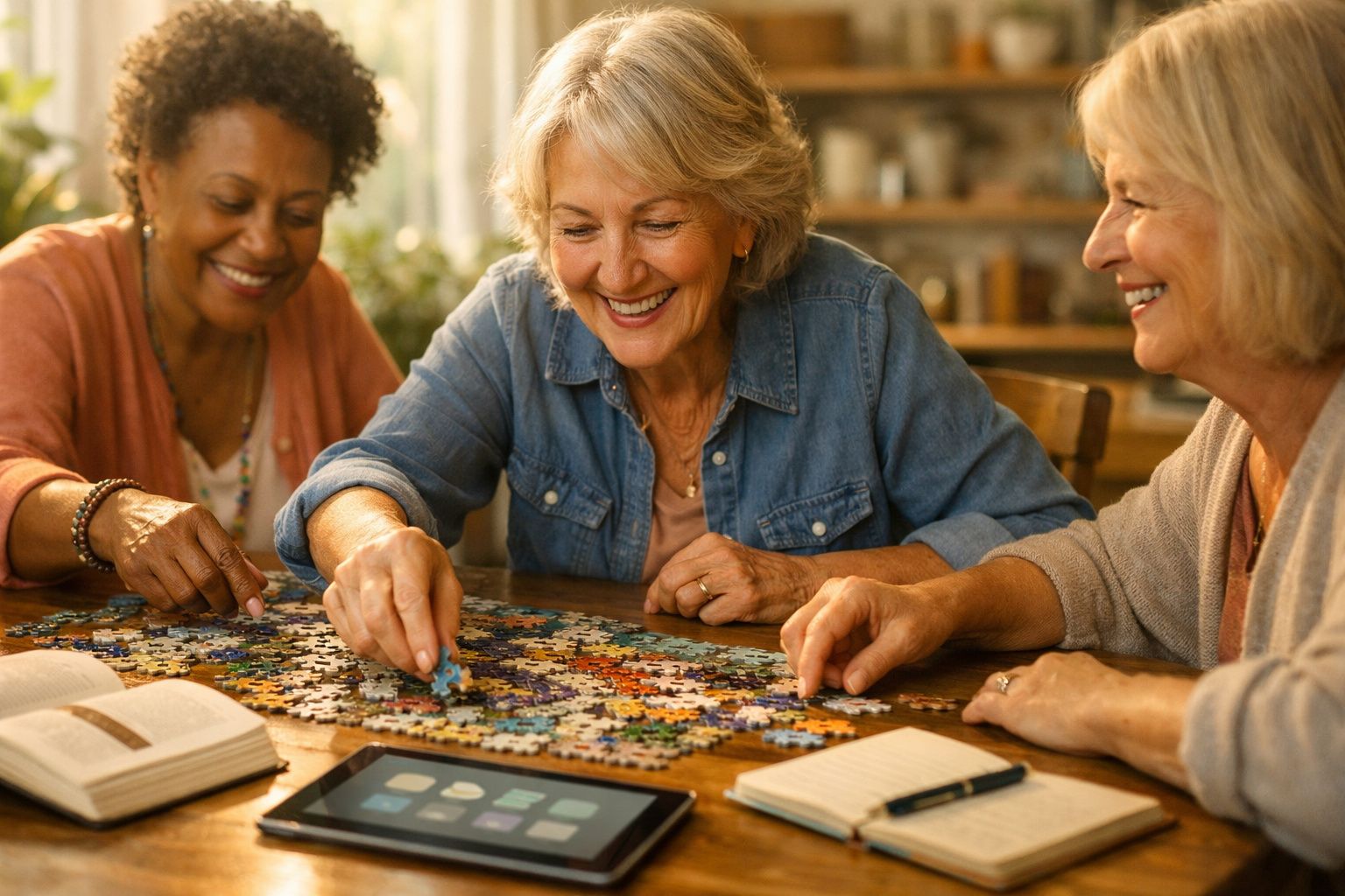 Três mulheres idosas sorrindo enquanto montam um quebra-cabeça colorido em uma mesa de madeira.