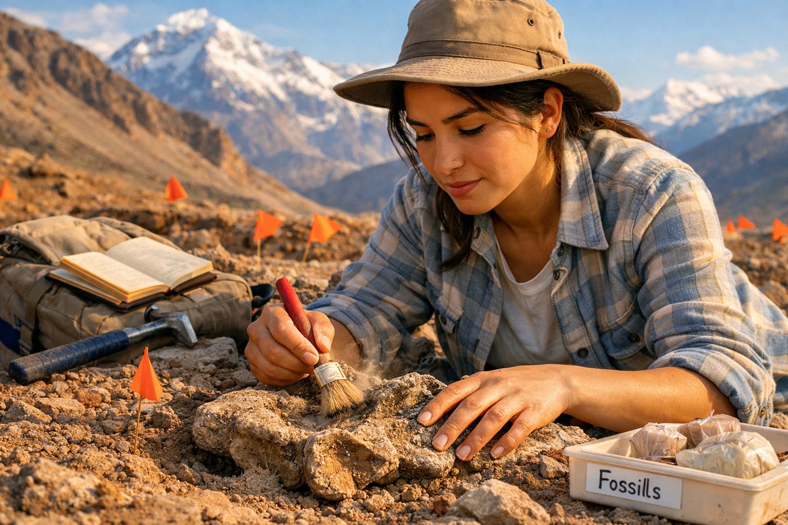 Mulher escavando fósseis com pincel em sítio arqueológico montanhoso, ao ar livre.