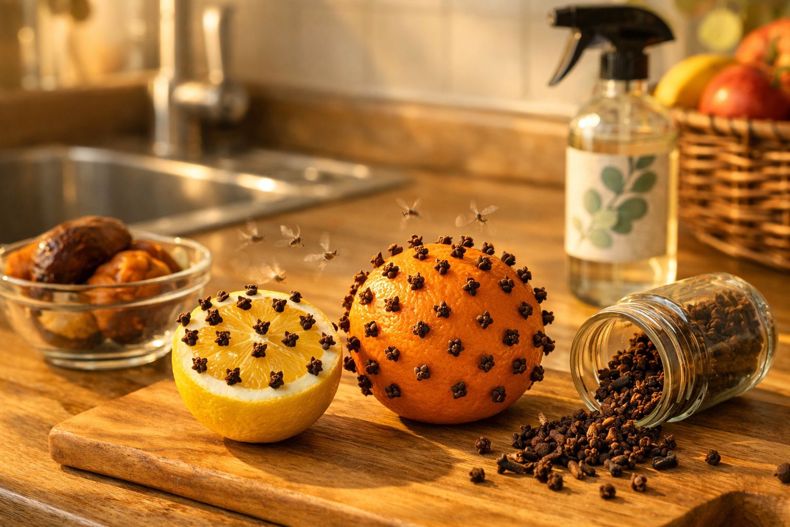 Limão e laranja com cravos espetados, atraindo moscas em uma cozinha iluminada.