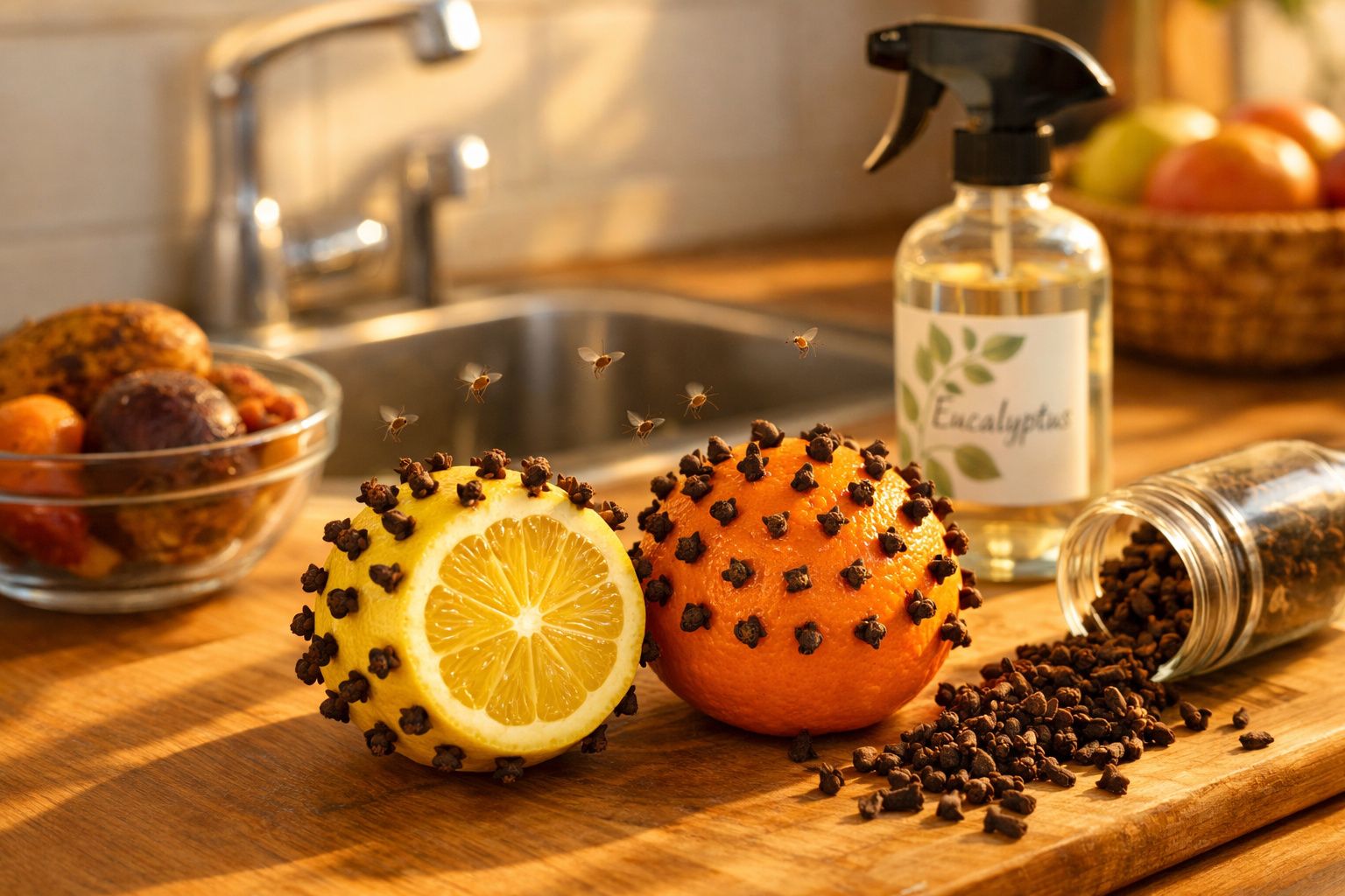 Limões e laranjas cravados com cravos em bancada de cozinha, abelhas voando e spray de eucalipto ao fundo.