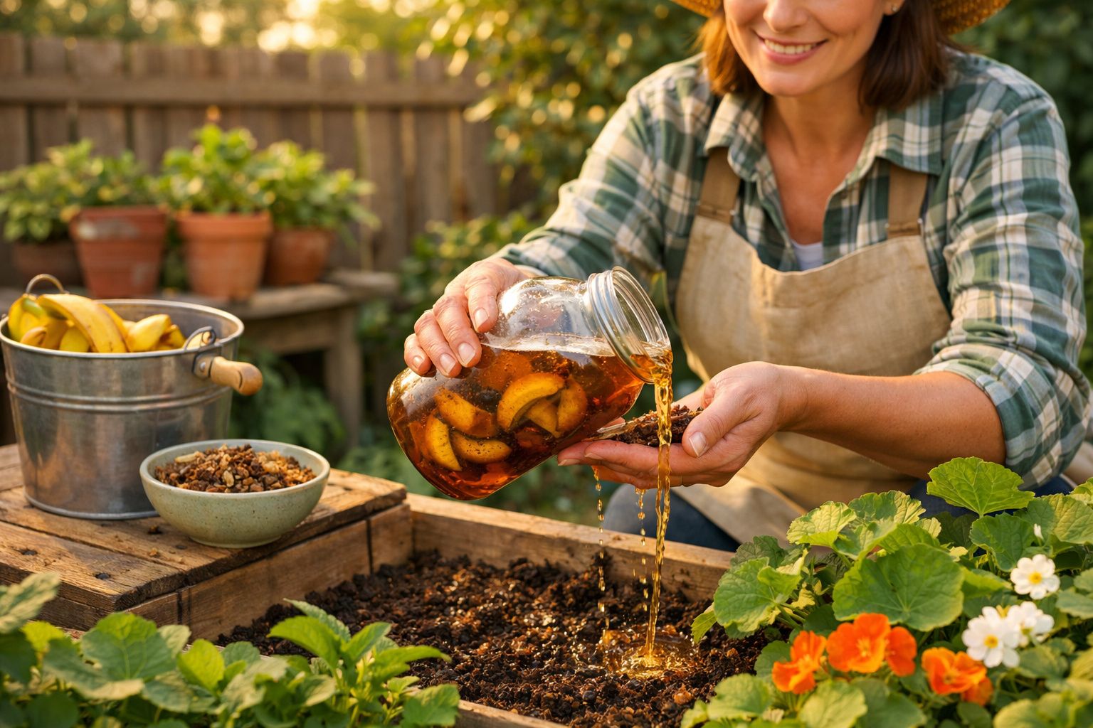 Pessoa regando plantas com chá caseiro de cascas de banana em jardim com flores e vegetais.
