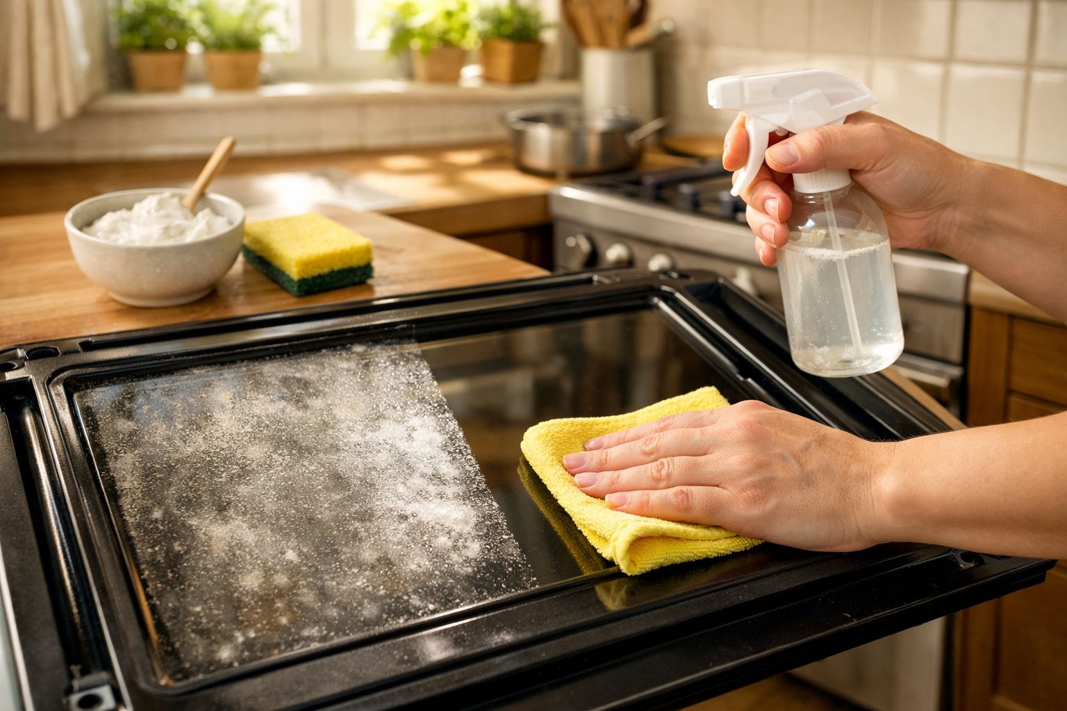Mãos limpando a porta de vidro do forno com spray e pano amarelo em cozinha doméstica.