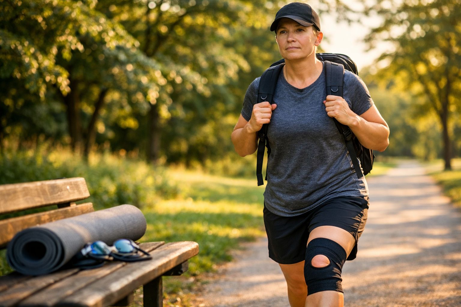 Mulher caminhando em parque usando joelheira e mochila, com tapete de yoga e óculos sobre banco ao lado.