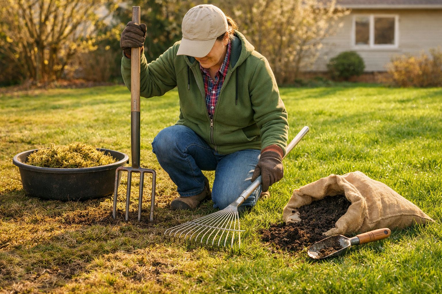 Pessoa agachada fazendo jardinagem com ancinho e forcado no gramado de casa.