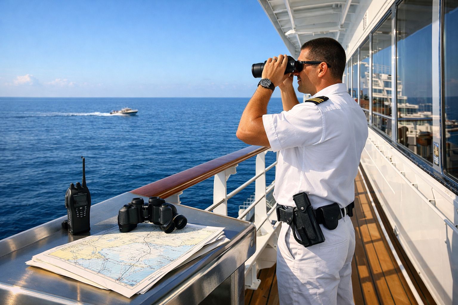 Marinheiro em uniforme branco usando binóculos no convés de navio observando o mar azul.