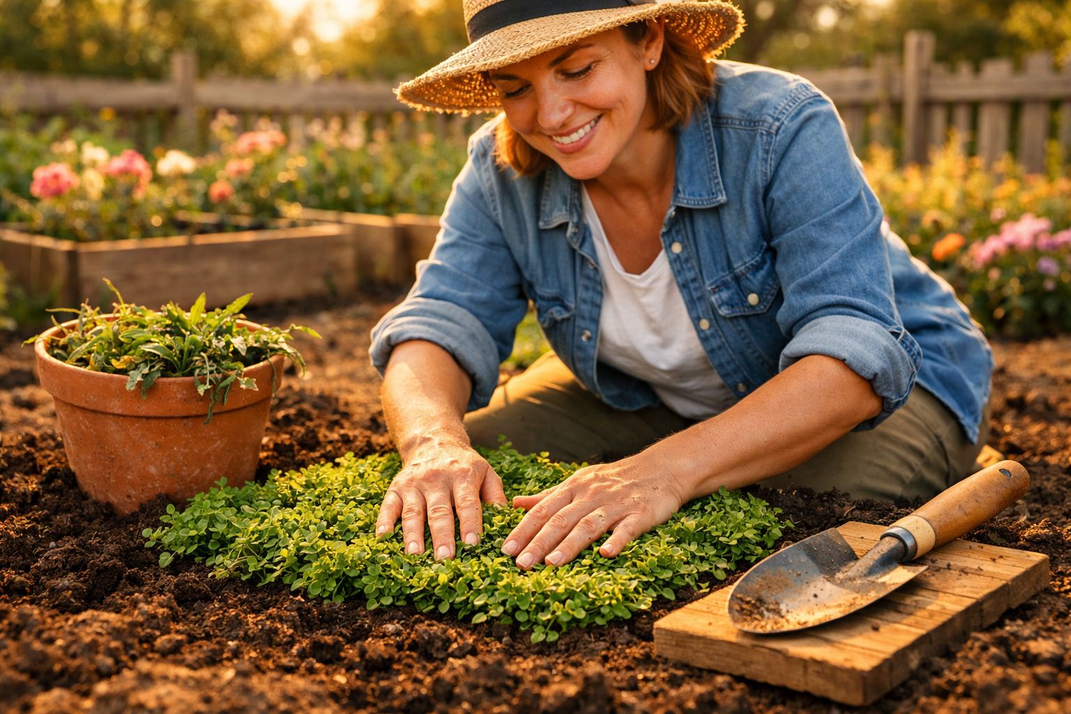 Mulher sorridente cuidando de plantas em hortaliça ao ar livre com chapéu e roupa jeans.