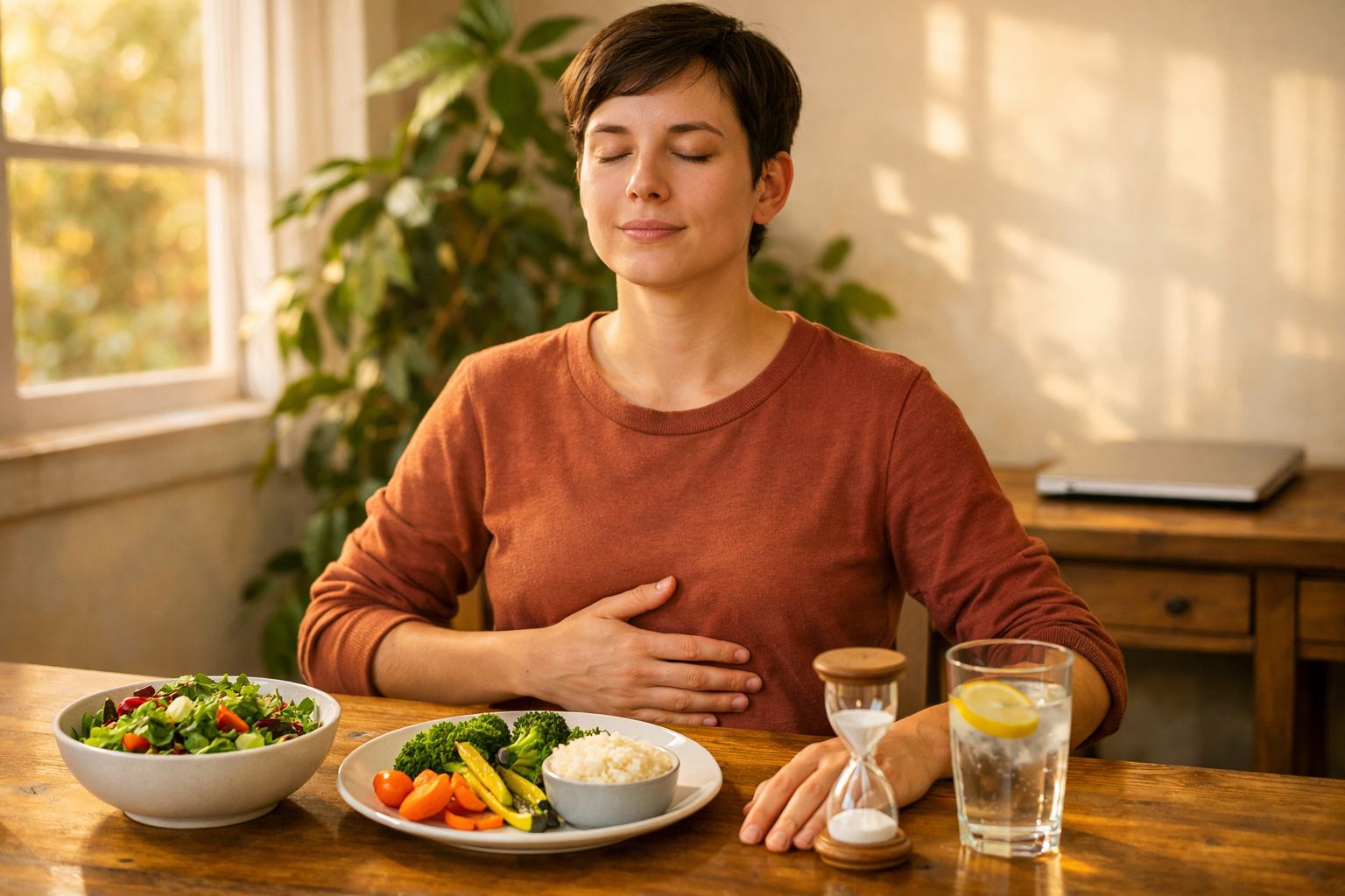 Mulher com olhos fechados fazendo respiração profunda antes de comer uma refeição saudável em ambiente iluminado.