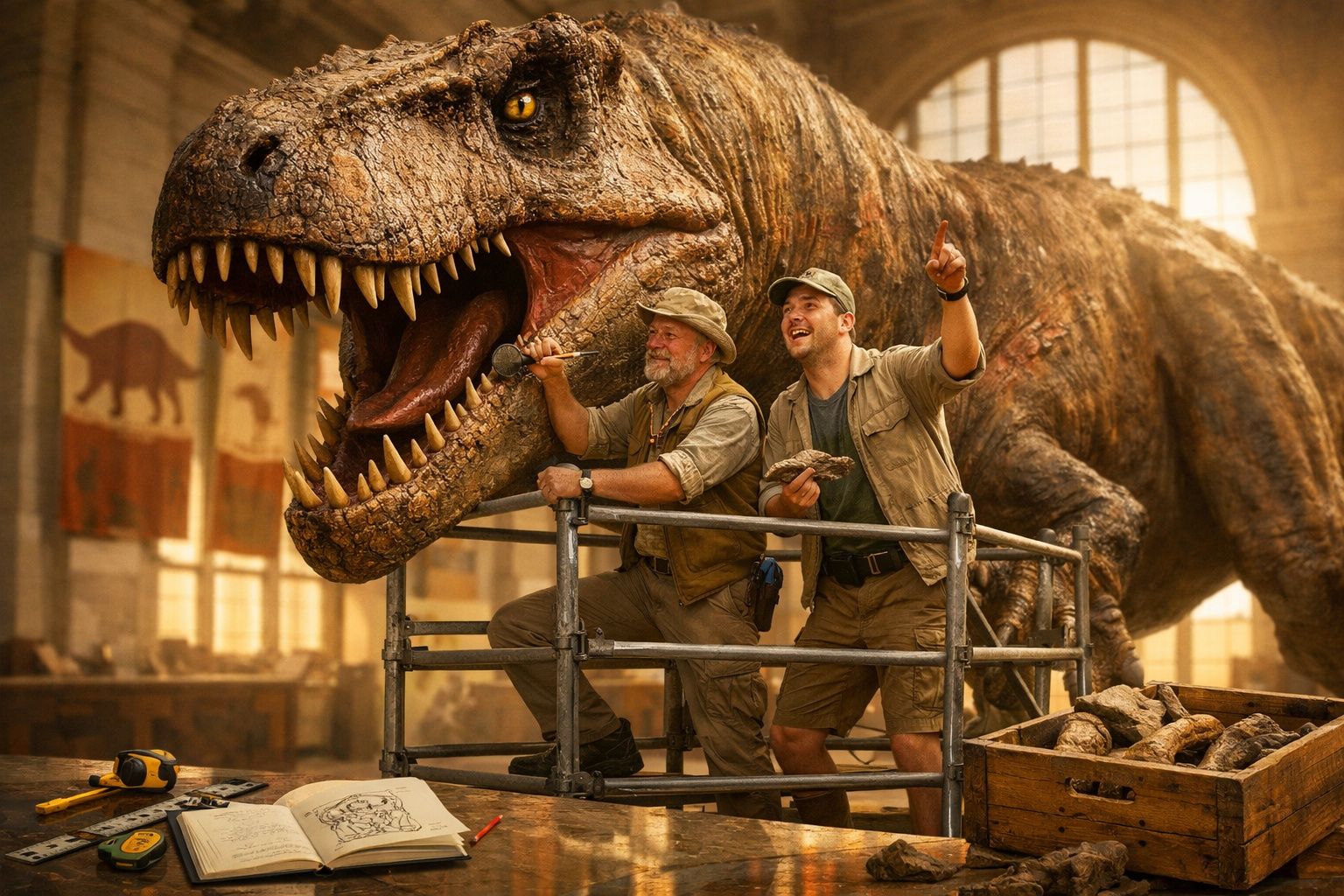 Dois homens interagem com um modelo gigante de dinossauro em um cenário de museu.
