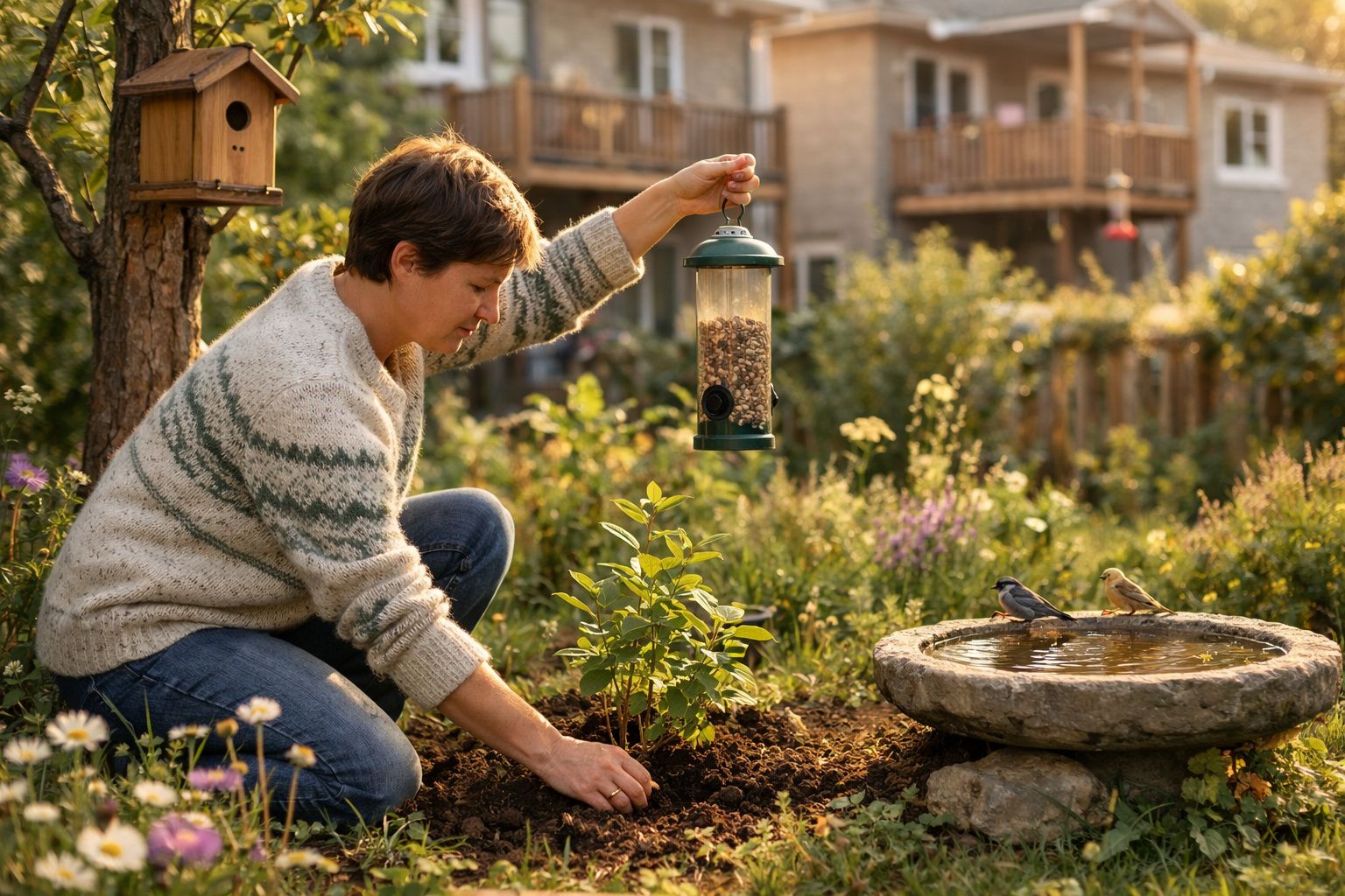 Mulher alimenta pássaros com comedouro em jardim com plantas e banho de pedra ao fundo.