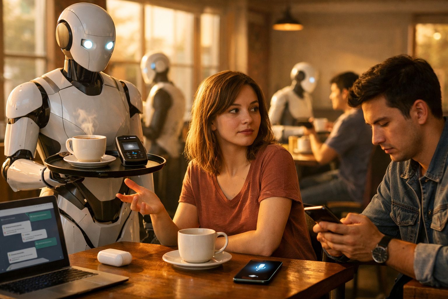Robô atendendo café para mulher em cafeteria moderna com outras pessoas ao fundo.