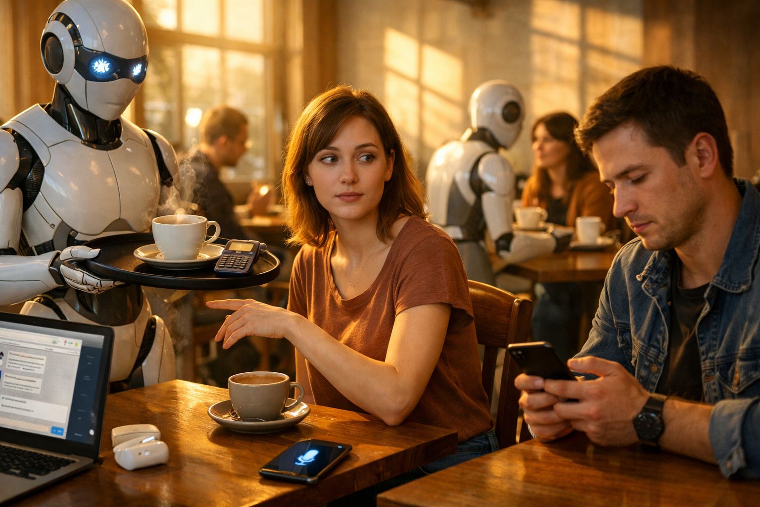 Café com atendente robô servindo bebida para mulher em cafeteria moderna com outras pessoas ao fundo.