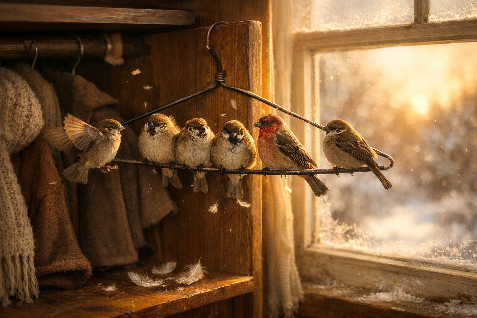 Seis pássaros pequenos pousados em um cabide de arame próximo a uma janela com luz dourada.