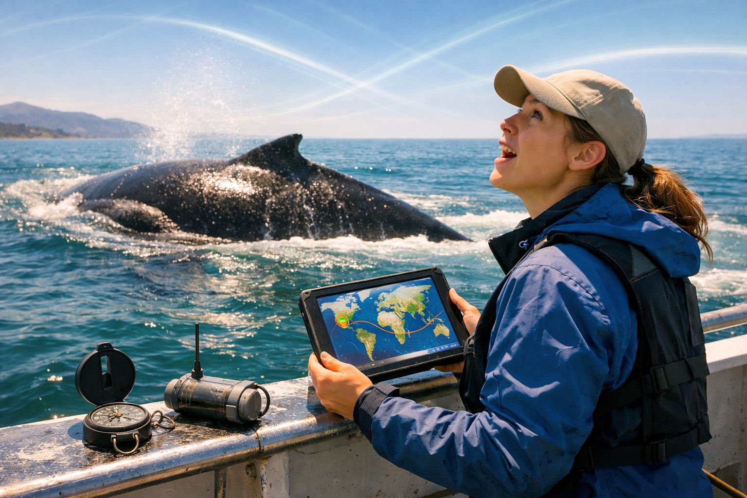 Mulher com tablet observa baleia que emerge do mar durante expedição científica em barco.