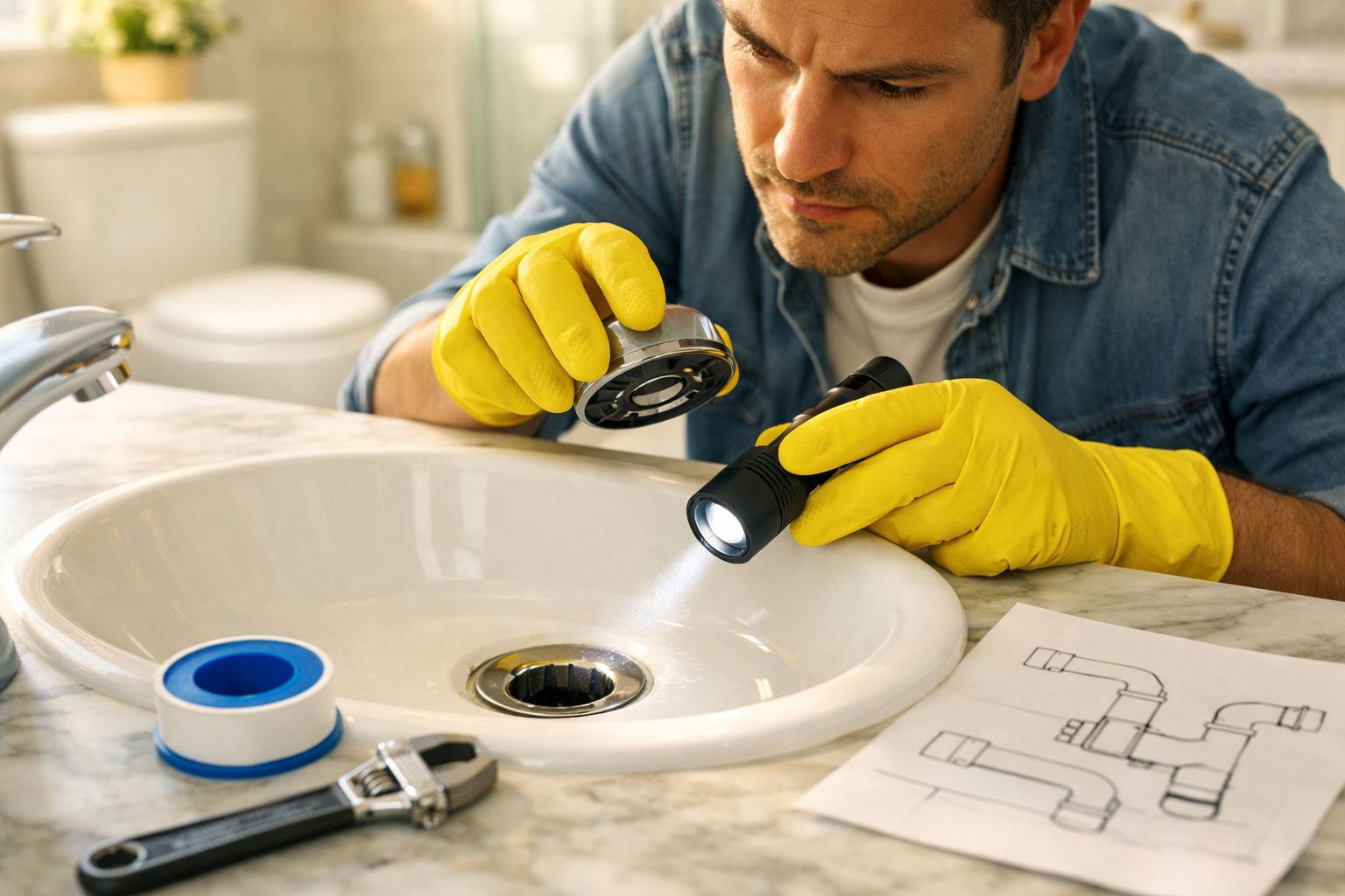 Homem com luvas amarelas examina ralo de pia com lanterna e ferramenta ao lado em banheiro.