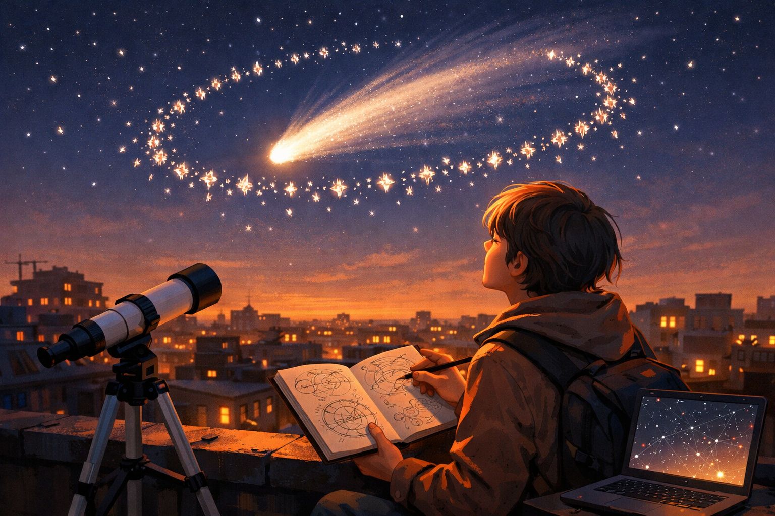 Jovem observa cometas e estrelas no céu à noite enquanto estuda constelações com telescópio na cidade.