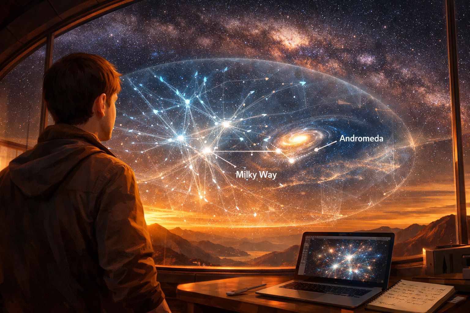 Homem observa pelo vidro representação holográfica da Via Láctea e Andrômeda ao pôr do sol.