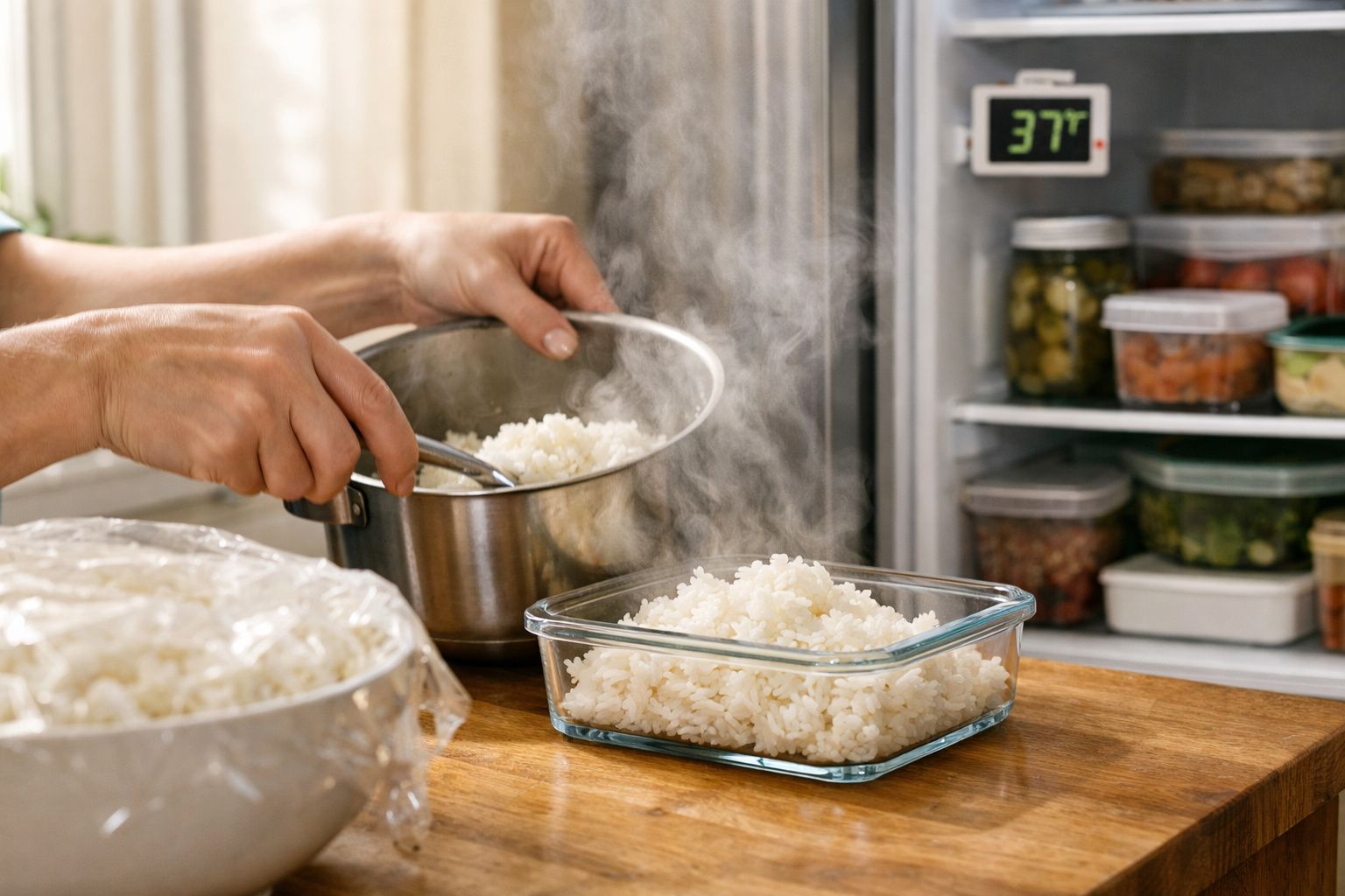 Pessoa colocando arroz quente em pote de vidro para guardar na geladeira.