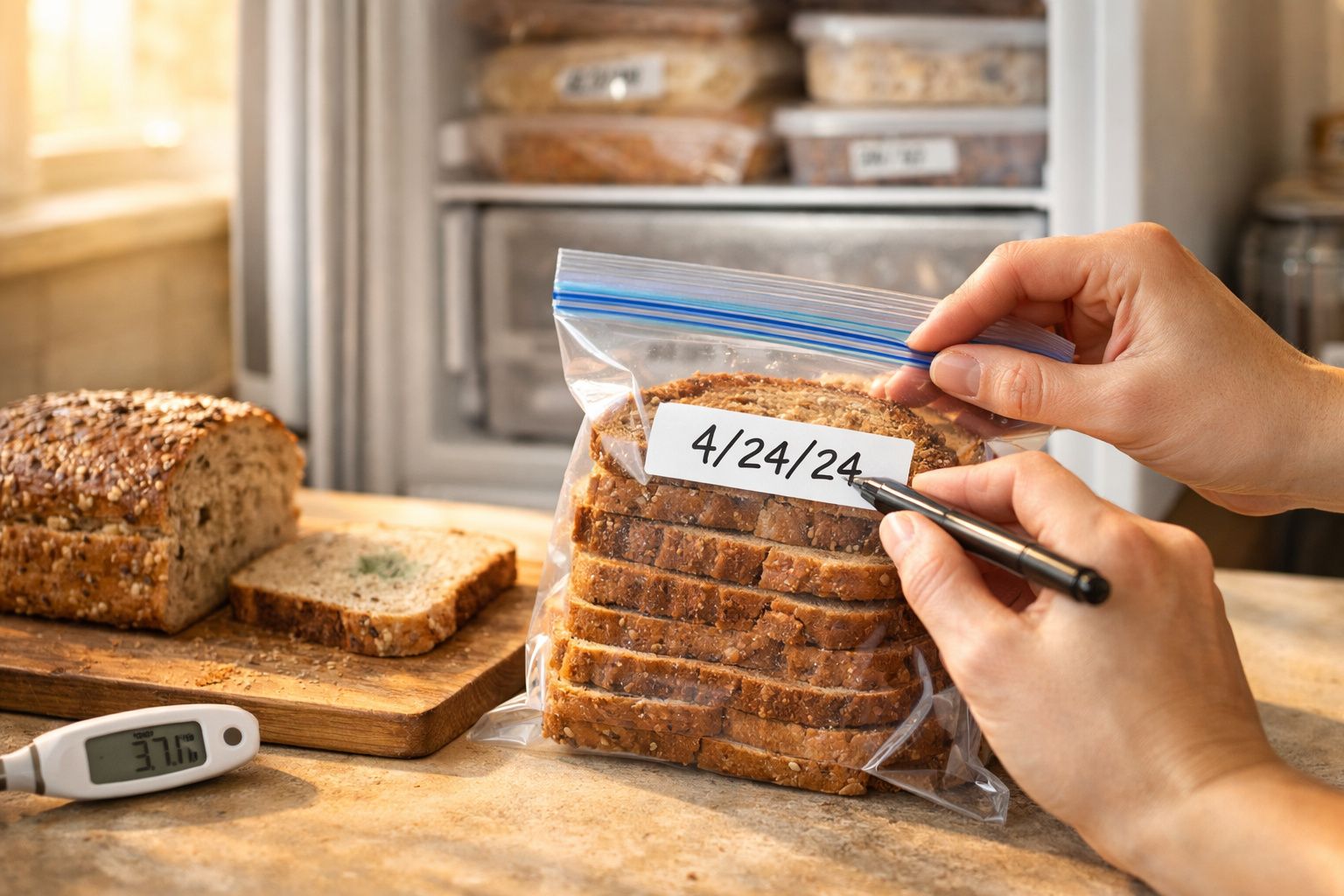 Mãos escrevendo data em saco plástico com fatias de pão integral, termômetro marcando 37,0°C ao lado.