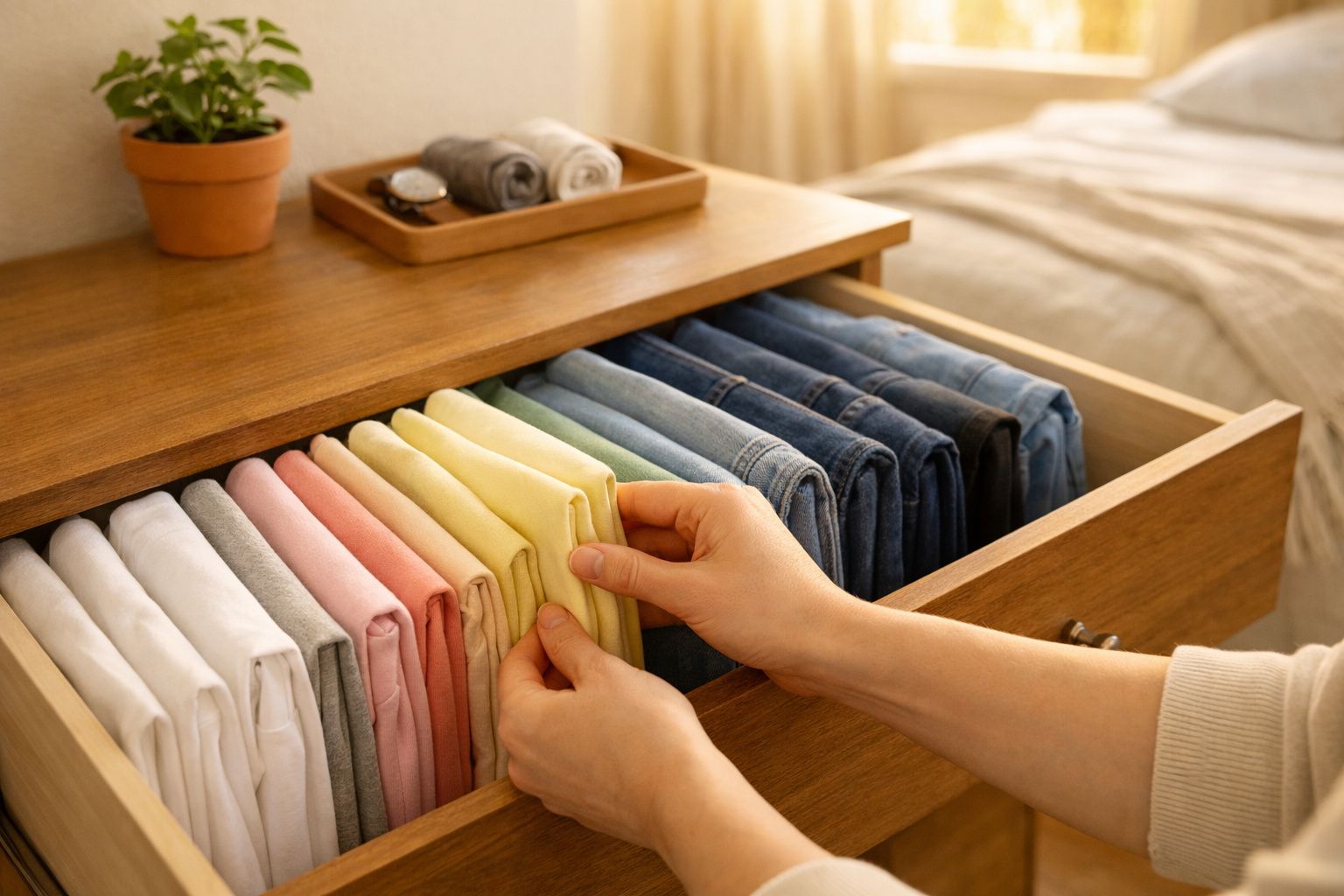 Mãos organizando camisetas coloridas dobradas em uma gaveta de madeira ao lado de uma cama.