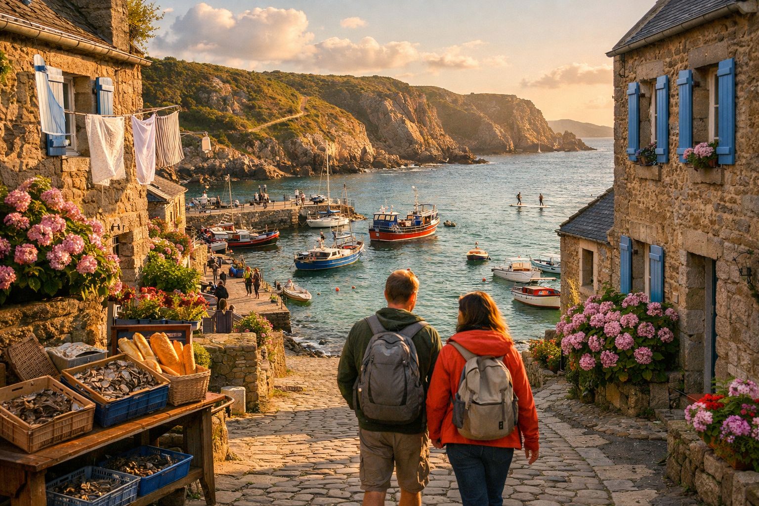 Casal com mochilas caminha por vila costeira com barcos, flores e casas de pedra ao entardecer.