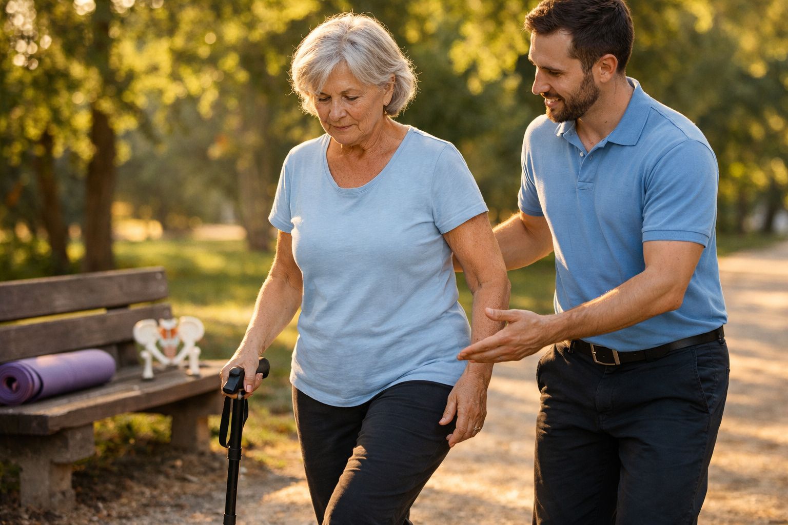 Homem ajuda idosa com bengala a andar ao ar livre em um parque ensolarado.