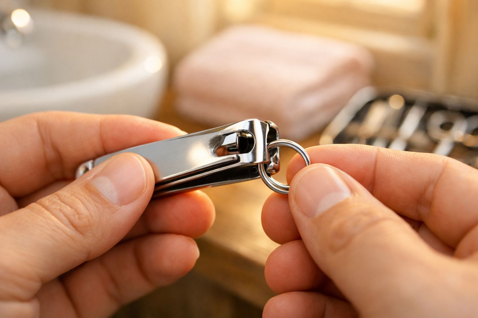 Mãos segurando um cortador de unhas prateado com fundo desfocado de toalha e estojo.