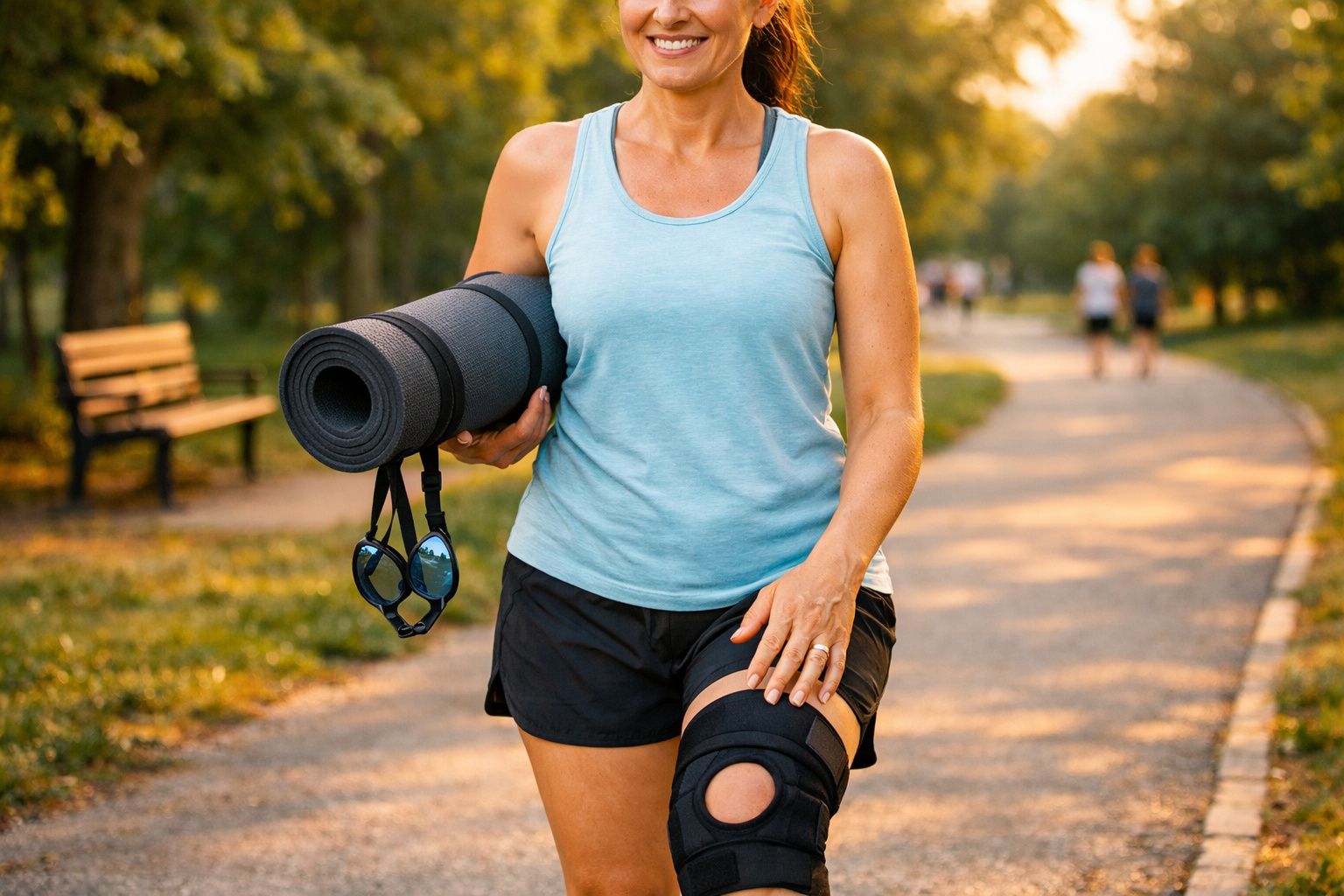 Mulher com roupa esportiva, carregando tapete de yoga e óculos, em caminho de parque ao ar livre.