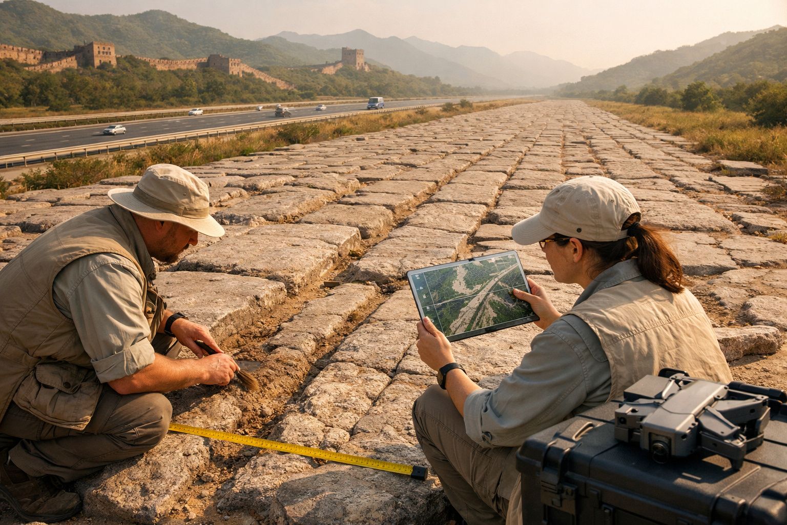 Pesquisadores analisam terreno histórico com tablet e ferramentas, estrada moderna e muralha ao fundo.