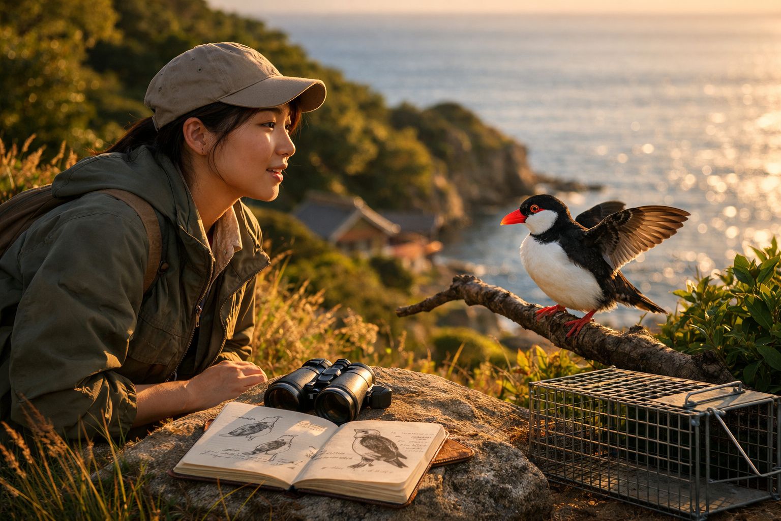Mulher observa pássaro preto e branco em galho, com livro de observação e binóculos ao lado, ao ar livre.