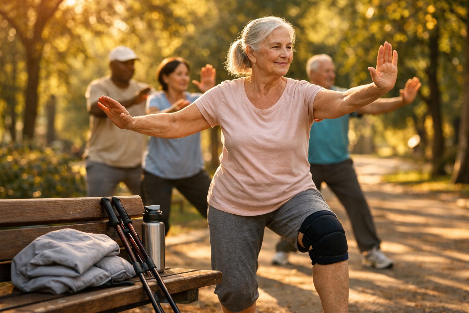 Grupo de idosos praticando exercícios ao ar livre em parque com luz do sol ao fundo.