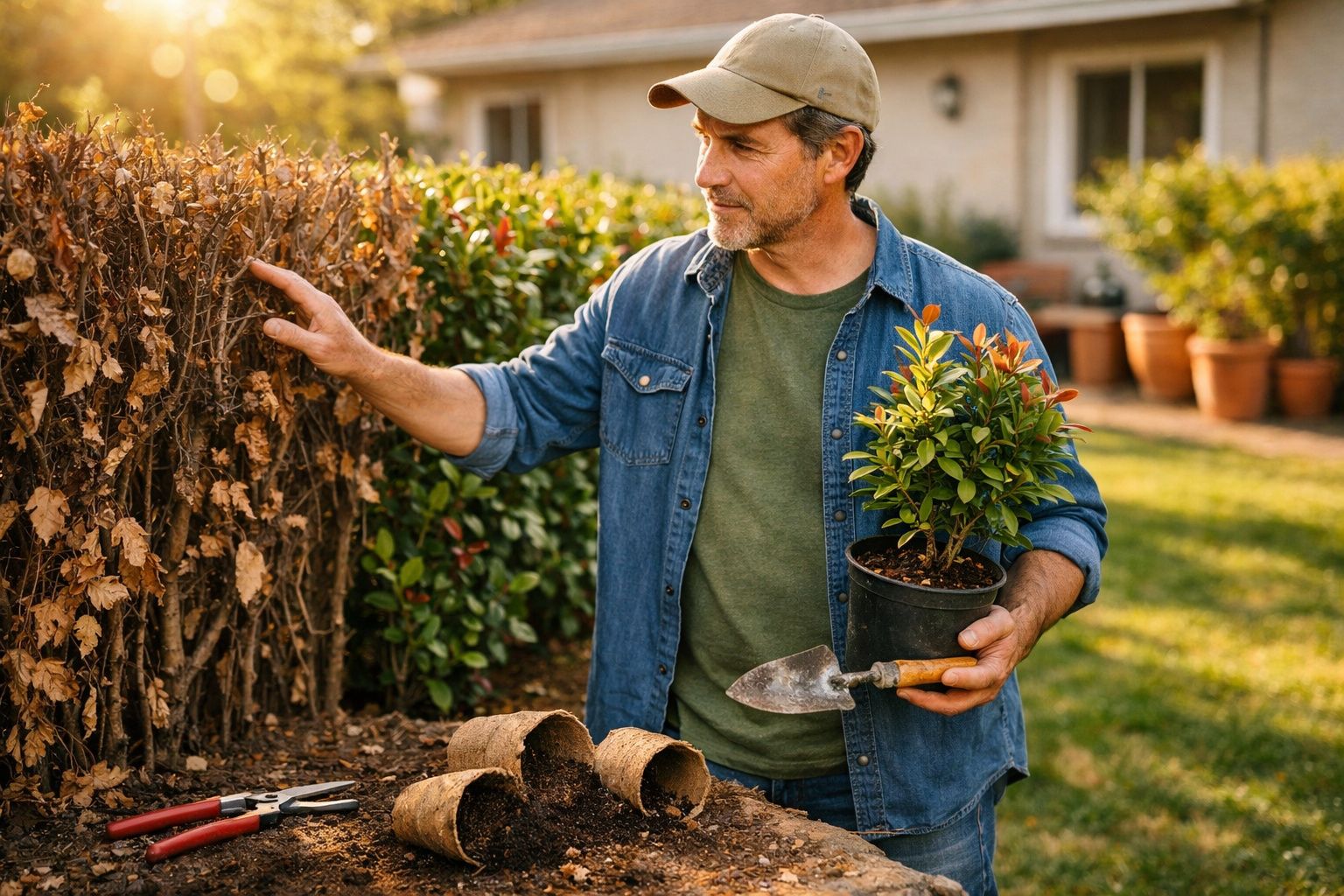 Homem de boné inspeciona planta seca enquanto segura vaso com arbusto verde no jardim.