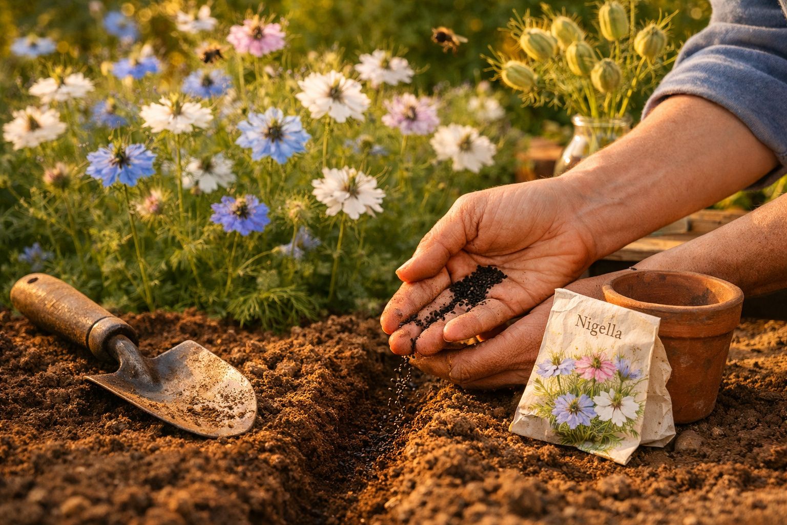 Mãos plantando sementes pretas na terra ao lado de flores coloridas e ferramentas de jardinagem.