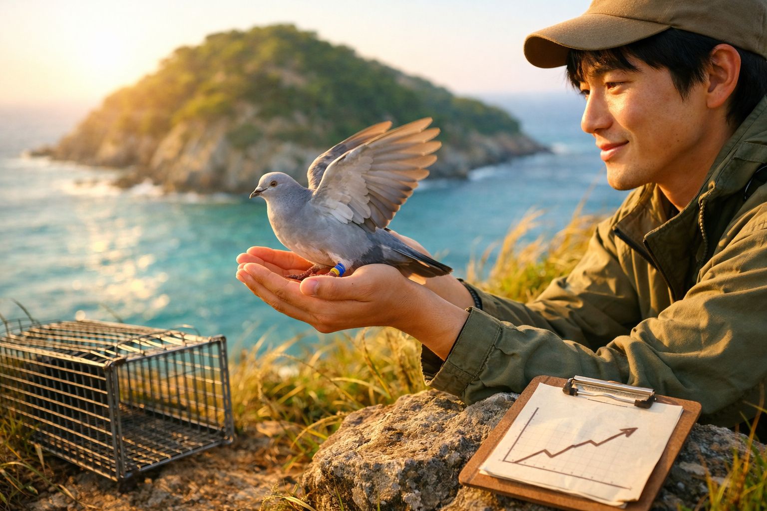 Homem soltando pombo na natureza com mar e ilha ao fundo durante pôr do sol.
