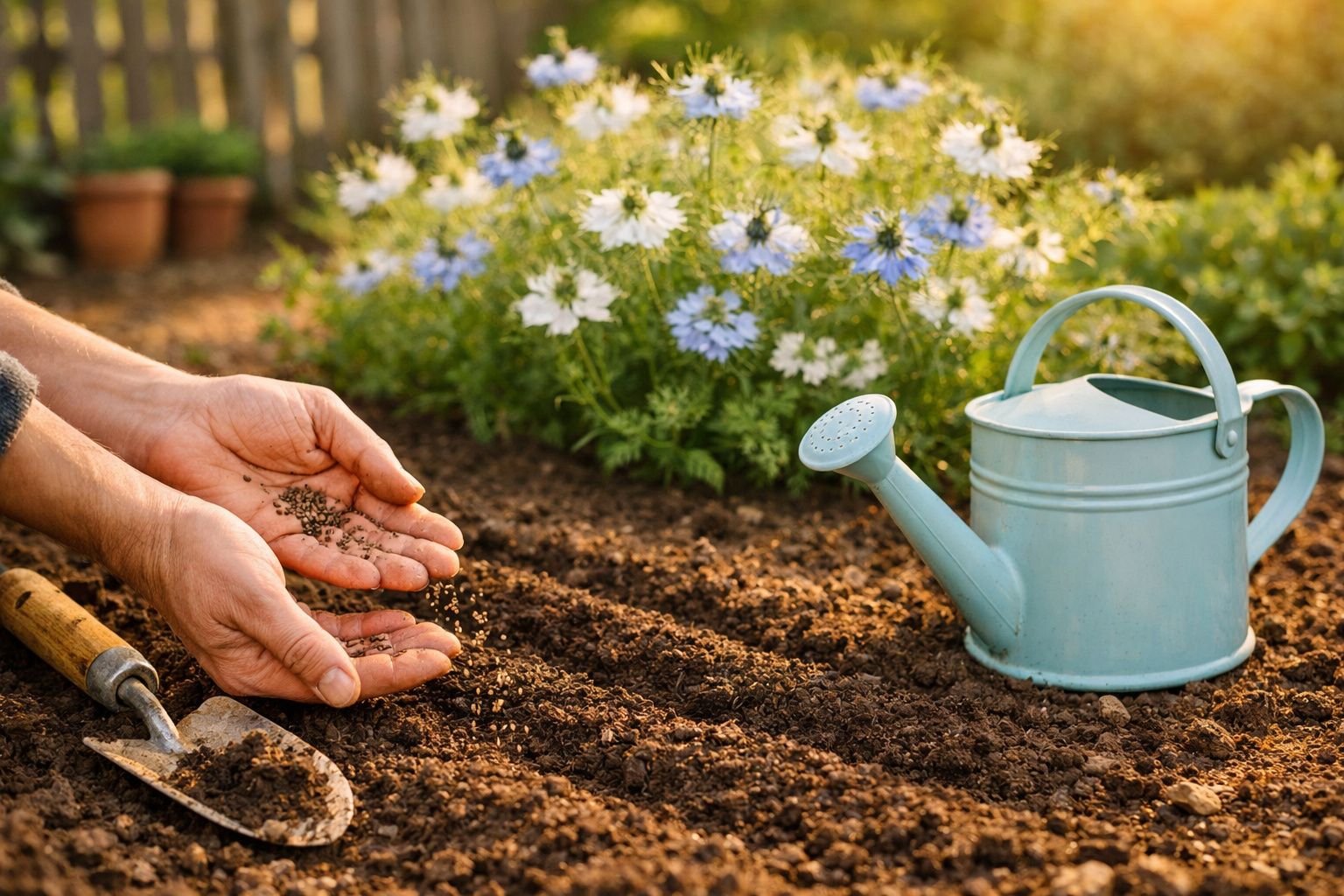 Mãos semeando sementes na terra, regador azul e flores brancas ao fundo em jardim ensolarado.