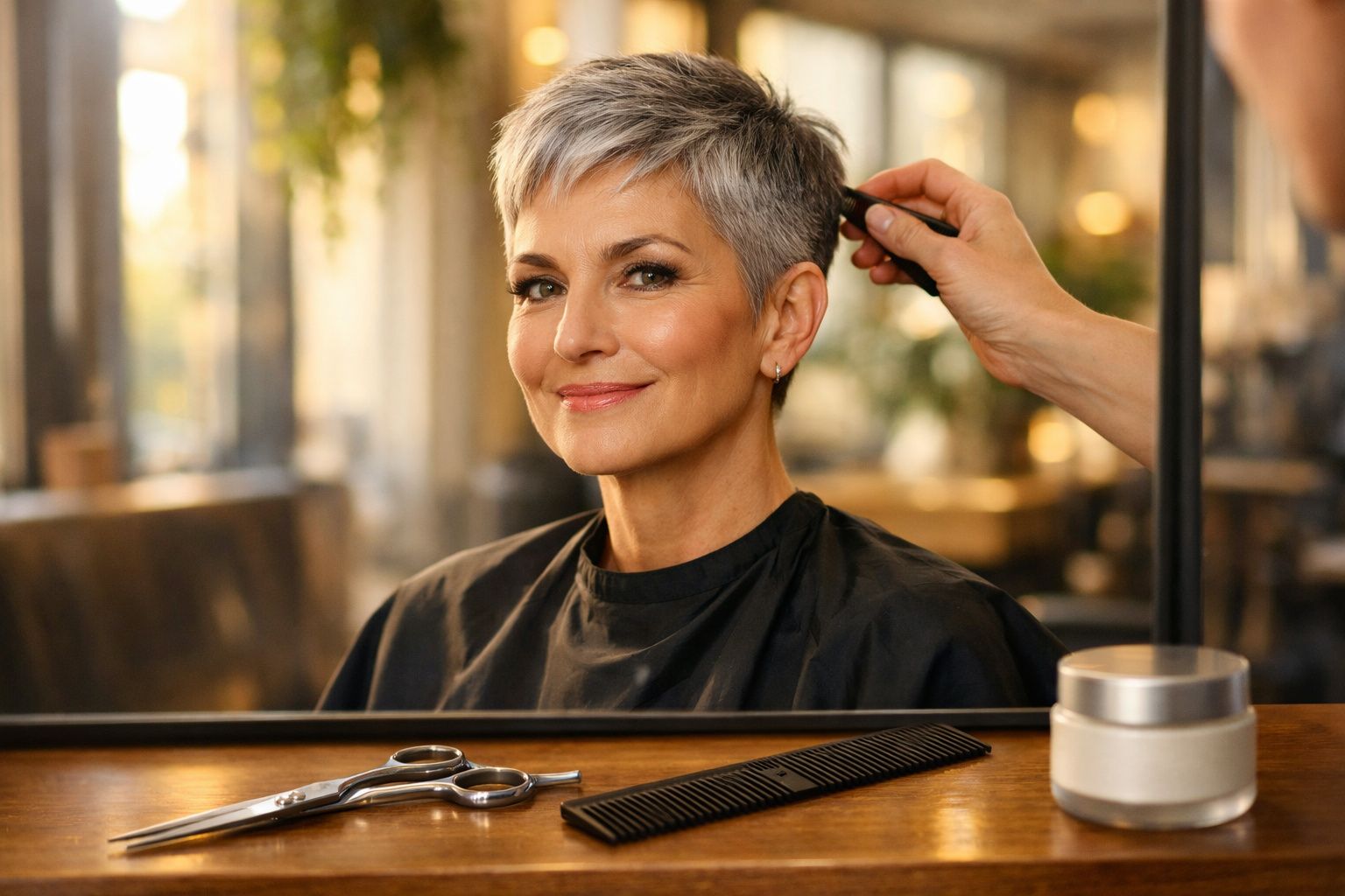 Mulher com cabelo curto grisalho sorrindo em salão de cabeleireiro, com tesoura e pente à frente.