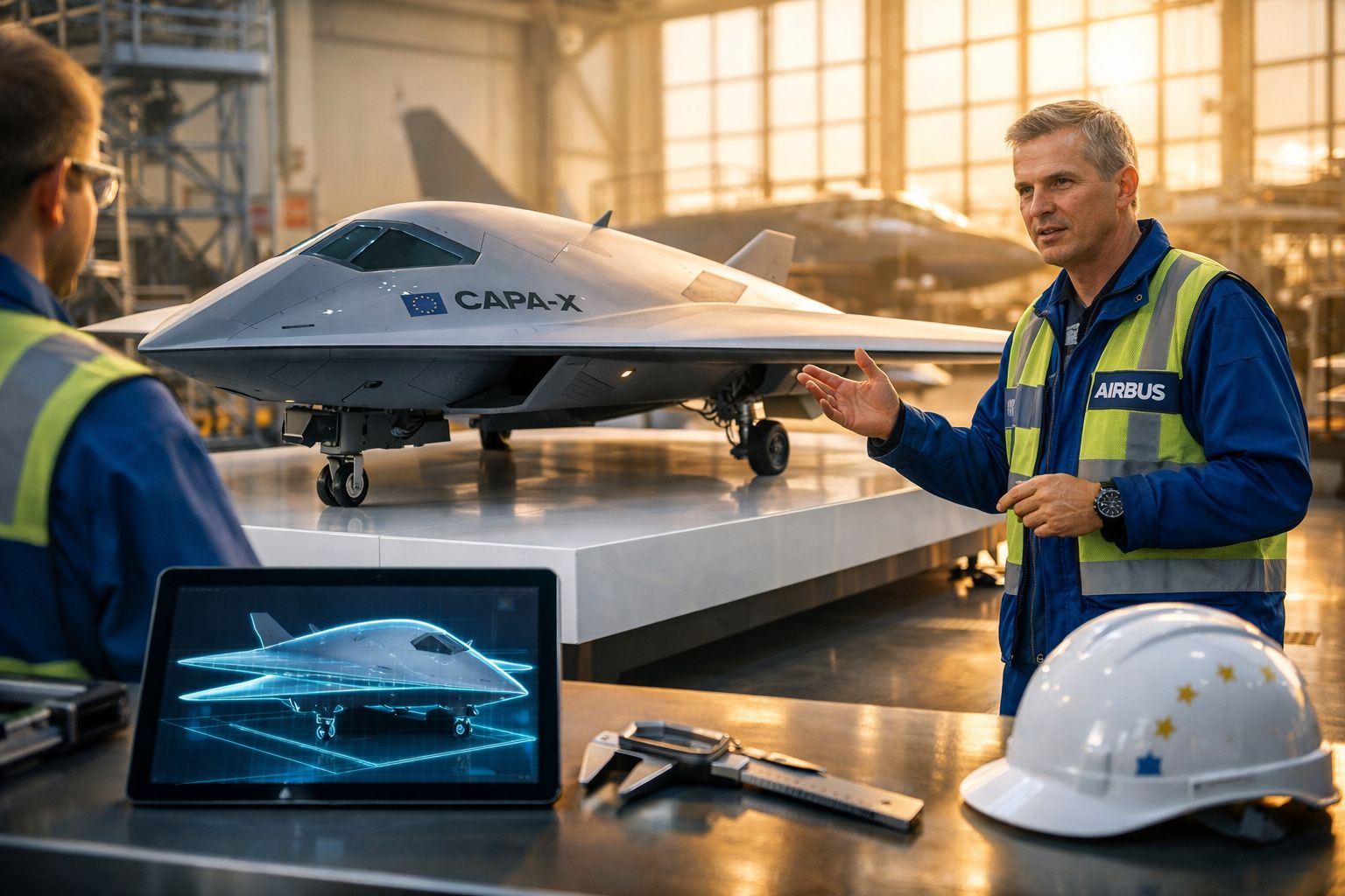 Engenheiros em fábrica discutem modelo de avião inovador CAPA-X da Airbus em ambiente industrial iluminado.