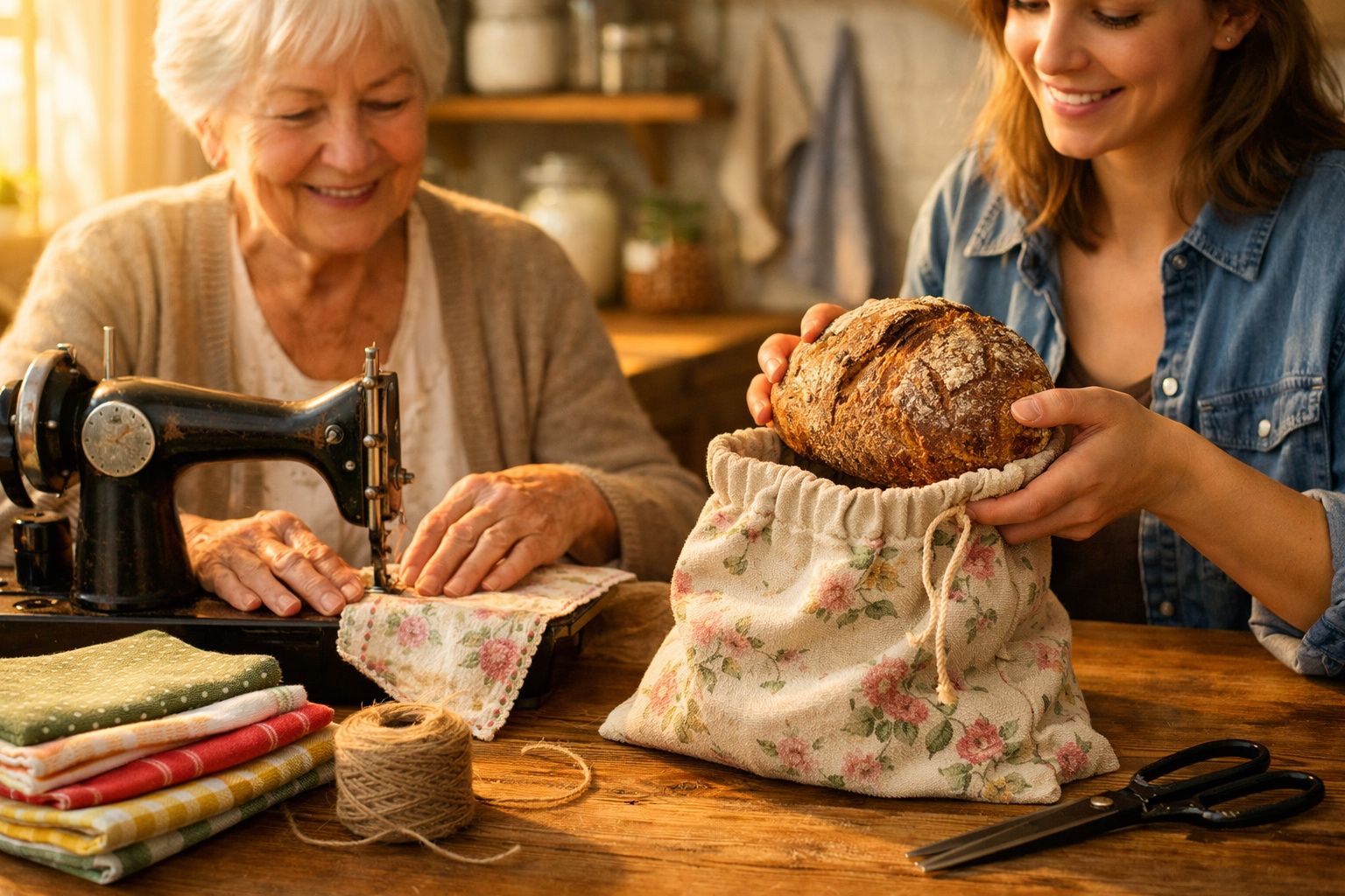 Mulher idosa costurando tecido e jovem guardando pão em saco de pano floral na mesa de madeira.