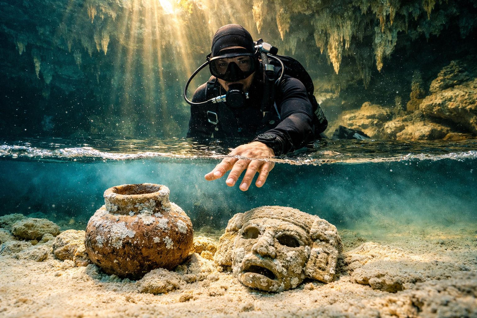 Mergulhador com equipamento completo explorando artefatos antigos submersos em águas claras de caverna.