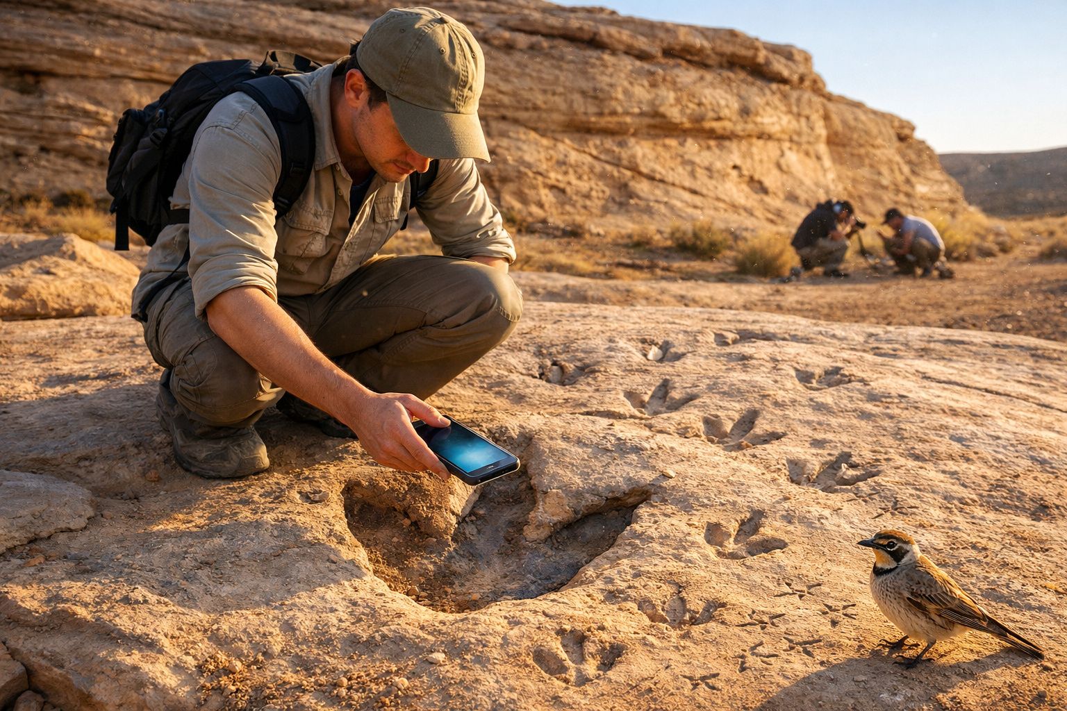 Homem fotografa pegada de dinossauro em pedra, com pássaro e duas pessoas ao fundo no deserto.