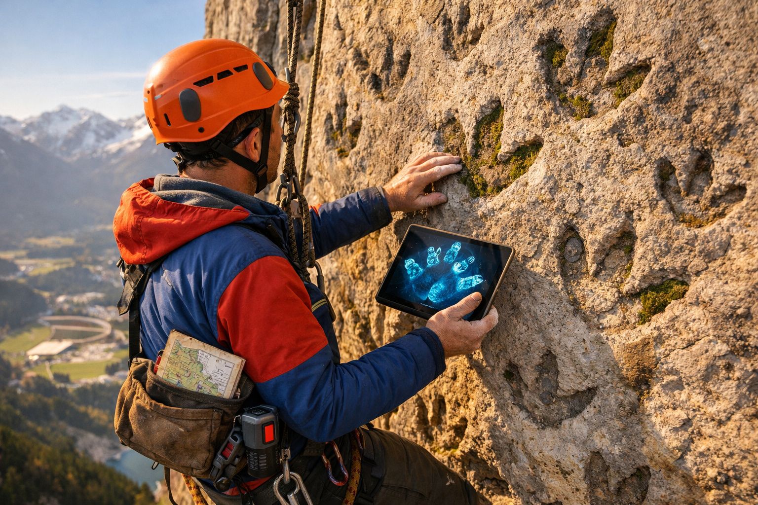 Escalador com capacete laranja usa tablet para analisar pegadas em rocha durante escalada em montanha.