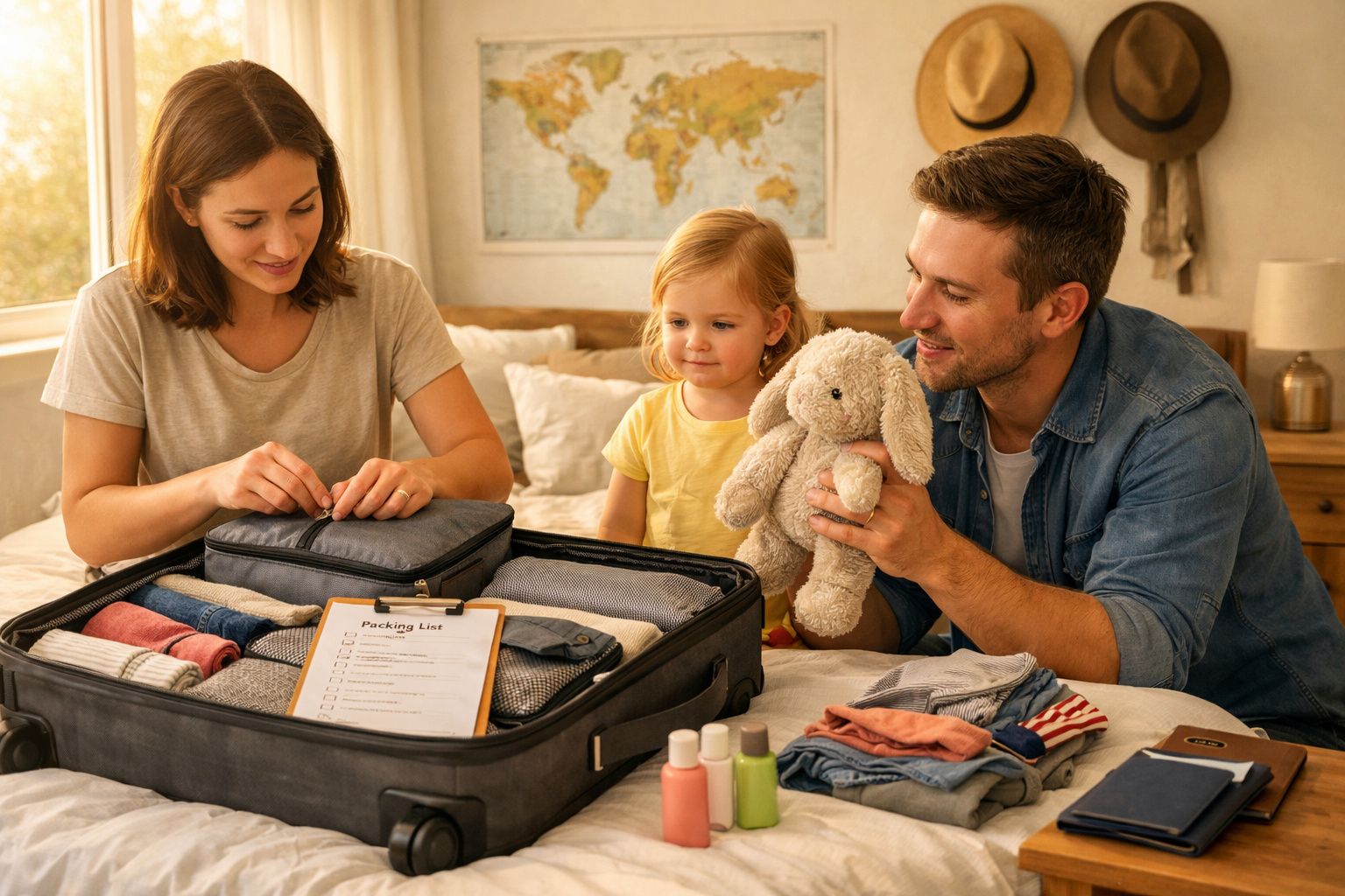 Família arrumando mala em quarto com mapa-múndi e brinquedo de pelúcia para viagem.