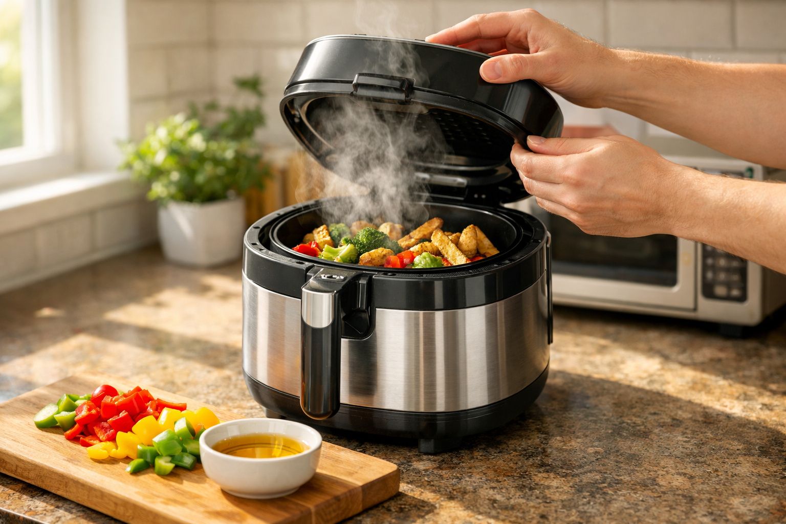 Fritadeira elétrica aberta com legumes e pedaços de frango cozinhando, com vapor saindo.