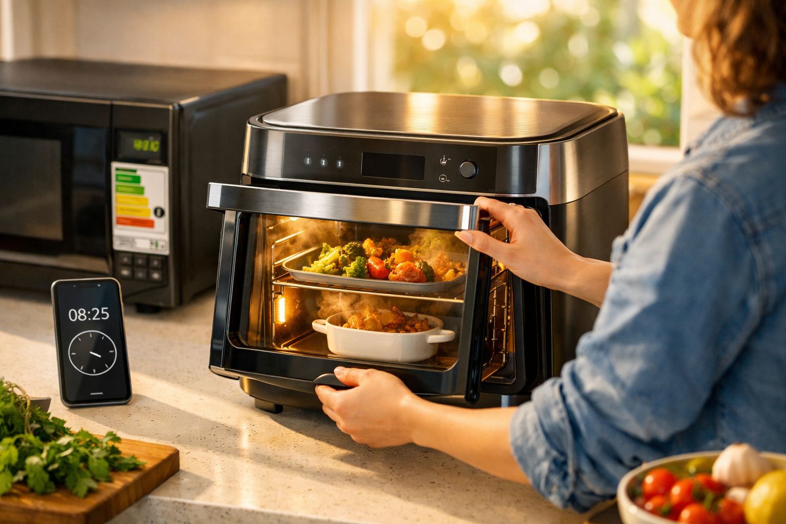 Pessoa abrindo forno elétrico com duas travessas de legumes e carne no interior, em cozinha.