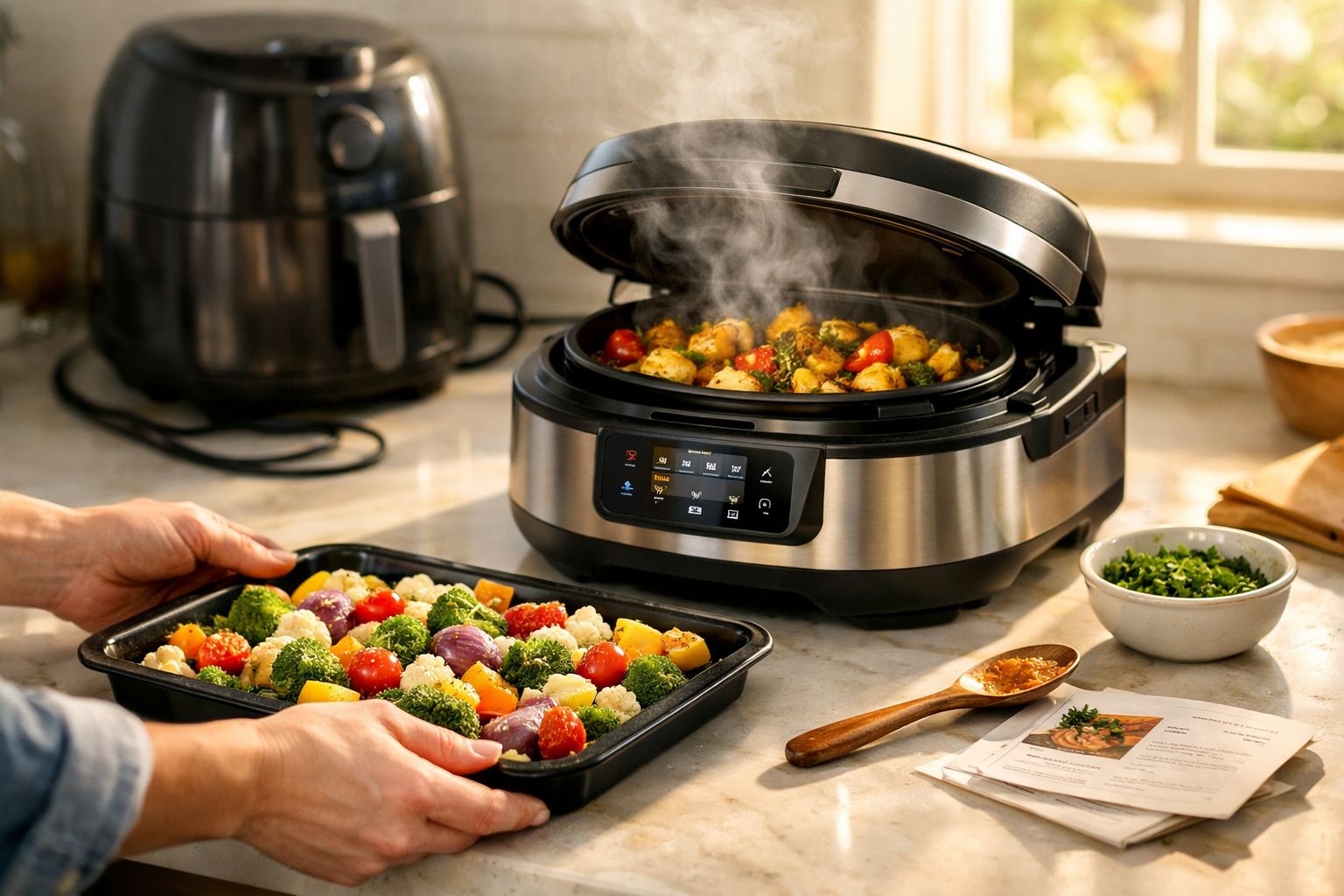 Panela elétrica com comida quente e legumes coloridos em uma assadeira sendo colocada para cozinhar.
