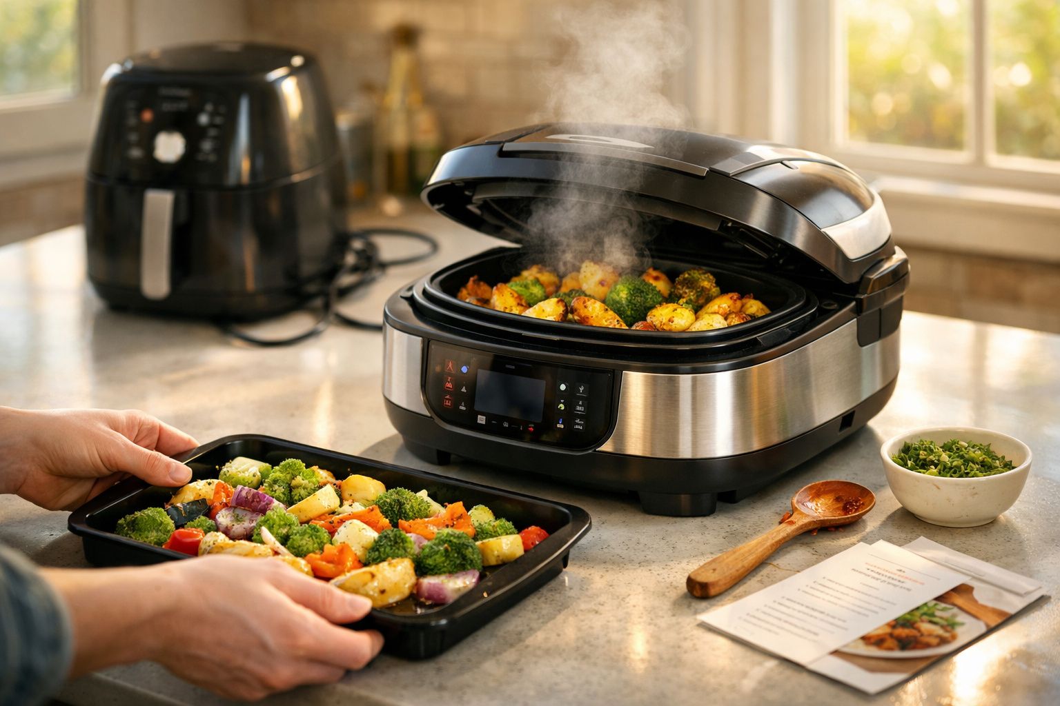 Panela elétrica aberta com legumes cozidos a vapor soltando fumaça em bancada de cozinha.