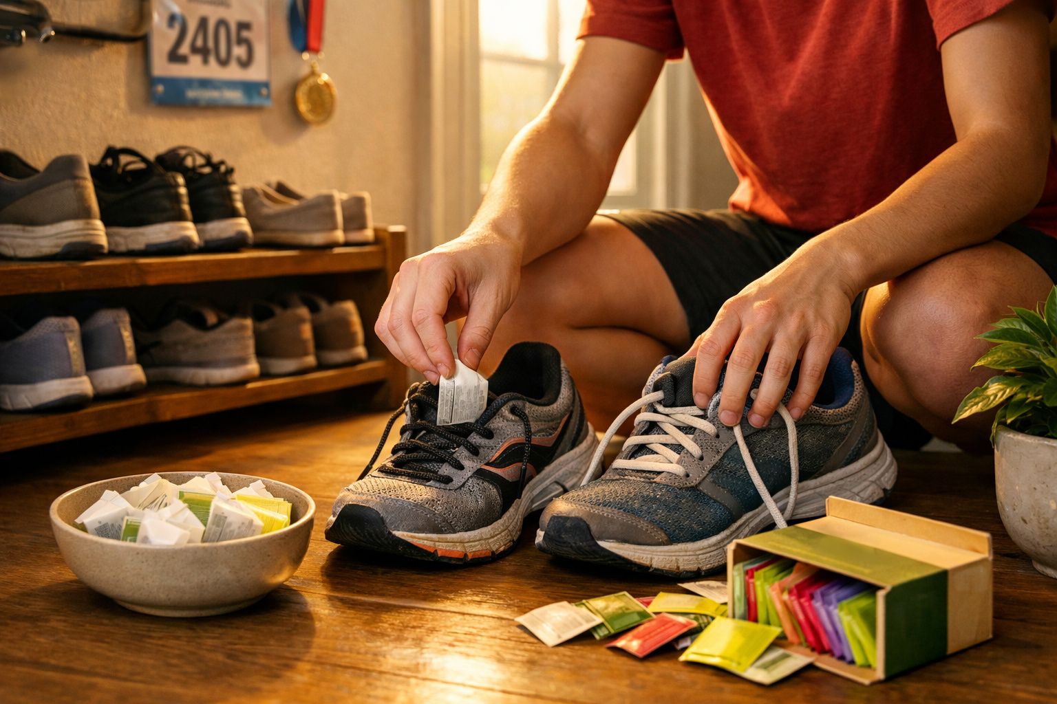 Pessoa colocando saquinhos de desodorizante em tênis esportivos em um ambiente interno.